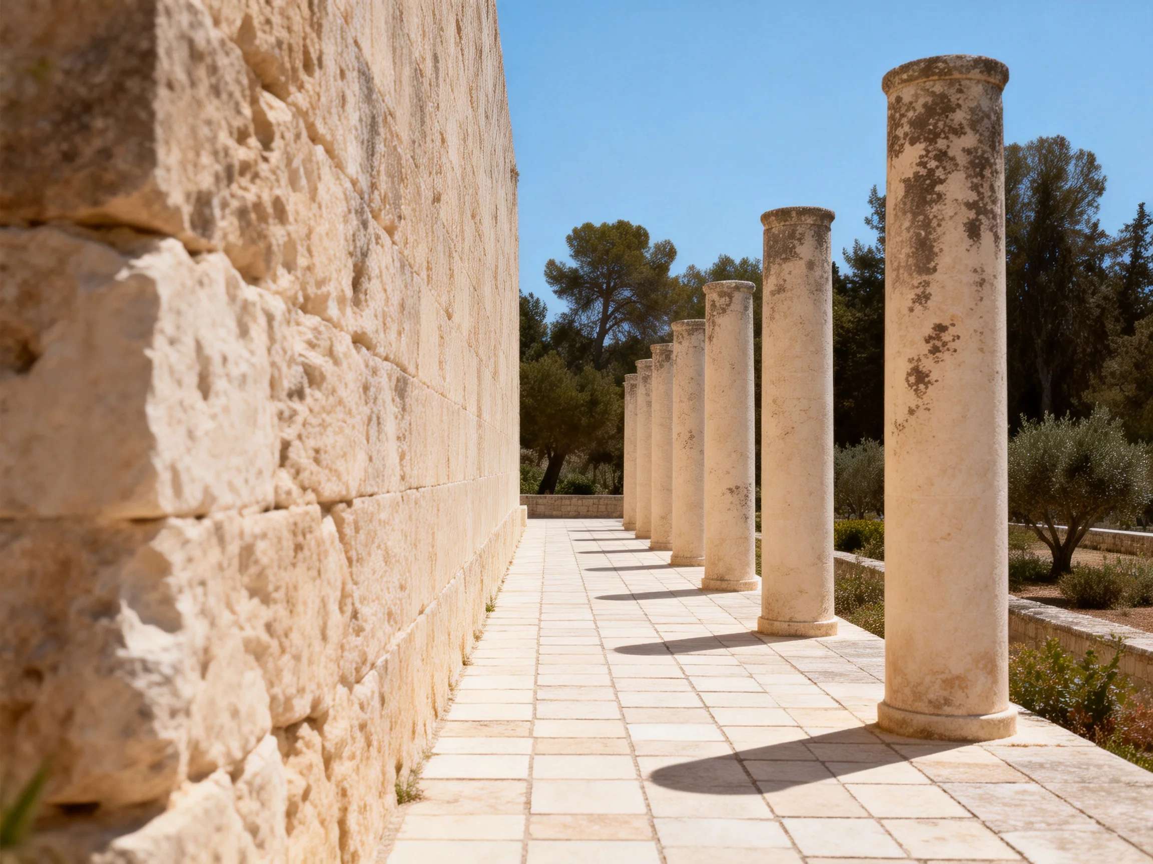 Ancient stone wall with weathered columns along a tiled walkway