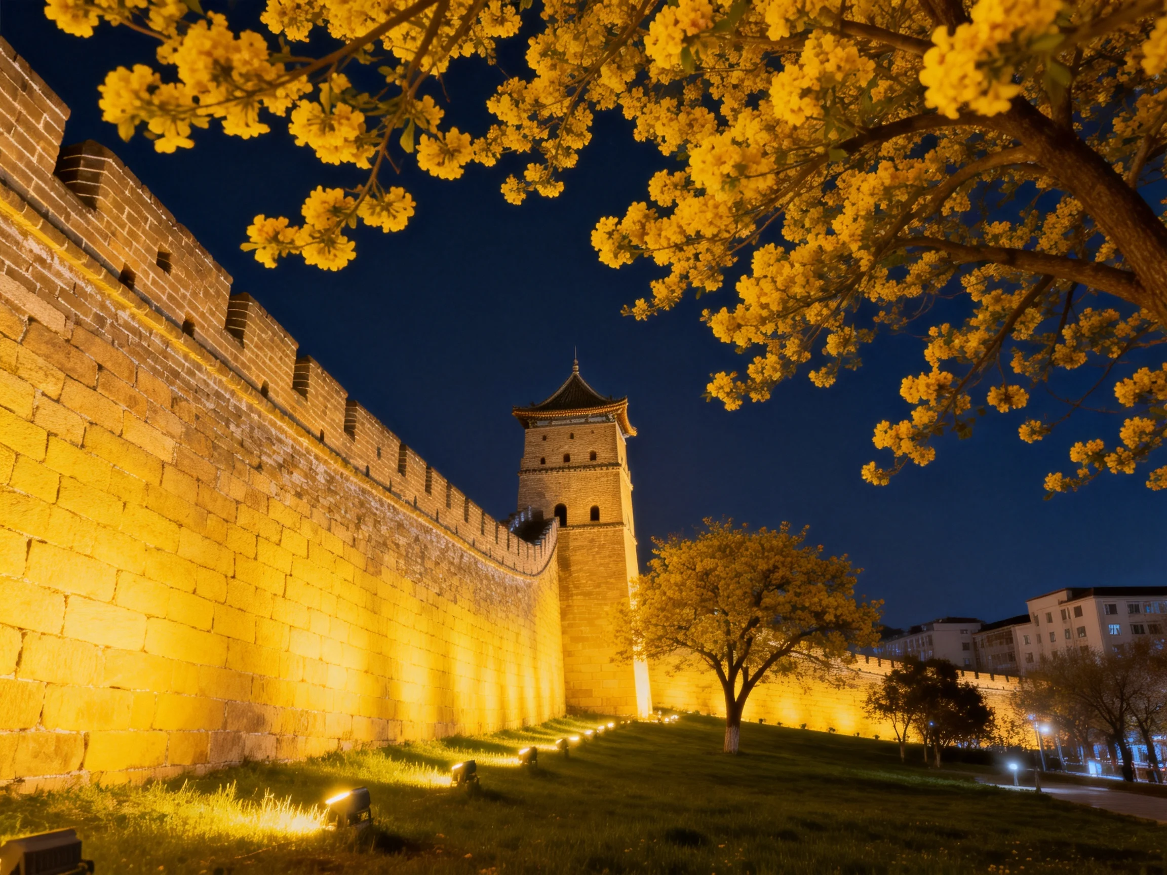 Ancient stone walls illuminated at night with golden blooms framing the scene.
