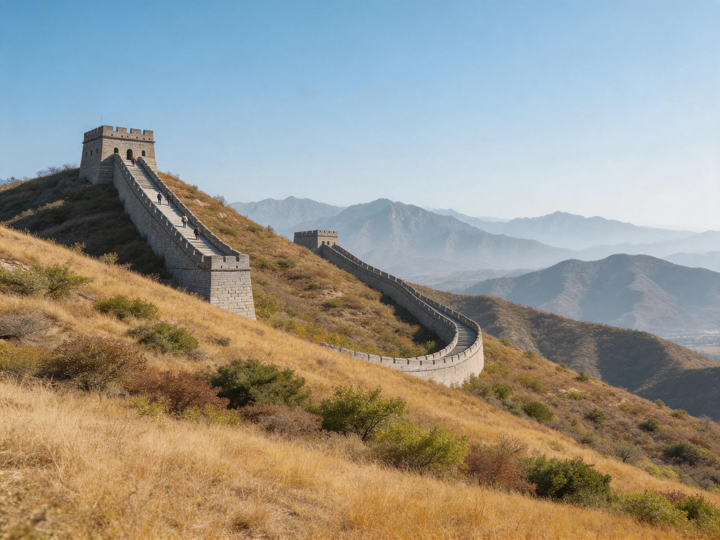 Ancient stone walls winding along golden hills under clear blue skies