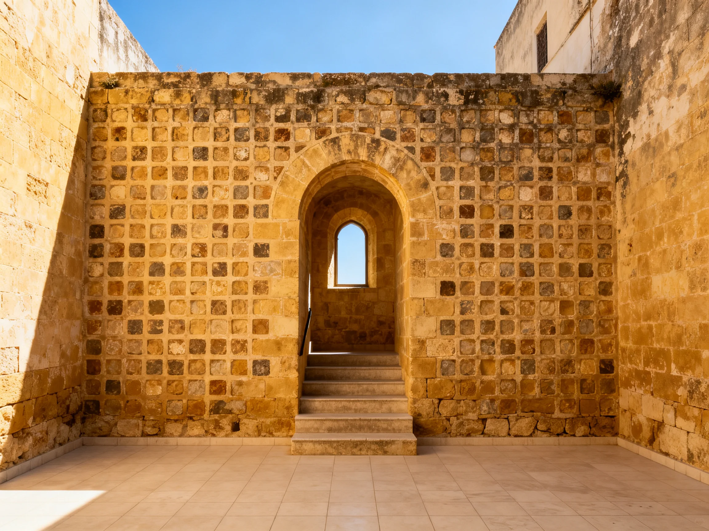 Ancient stone walls with arched gateway and stairway