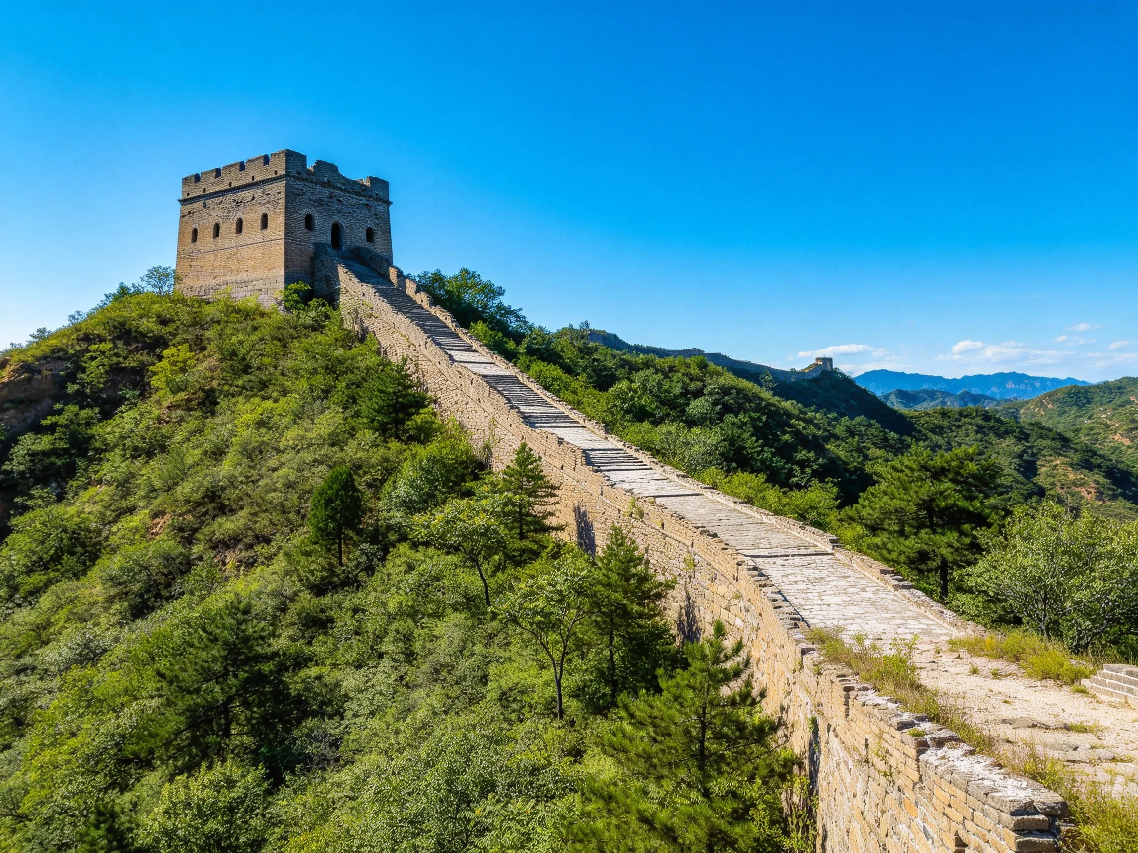 Ancient stone watchtower along the Great Wall with lush green vegetation