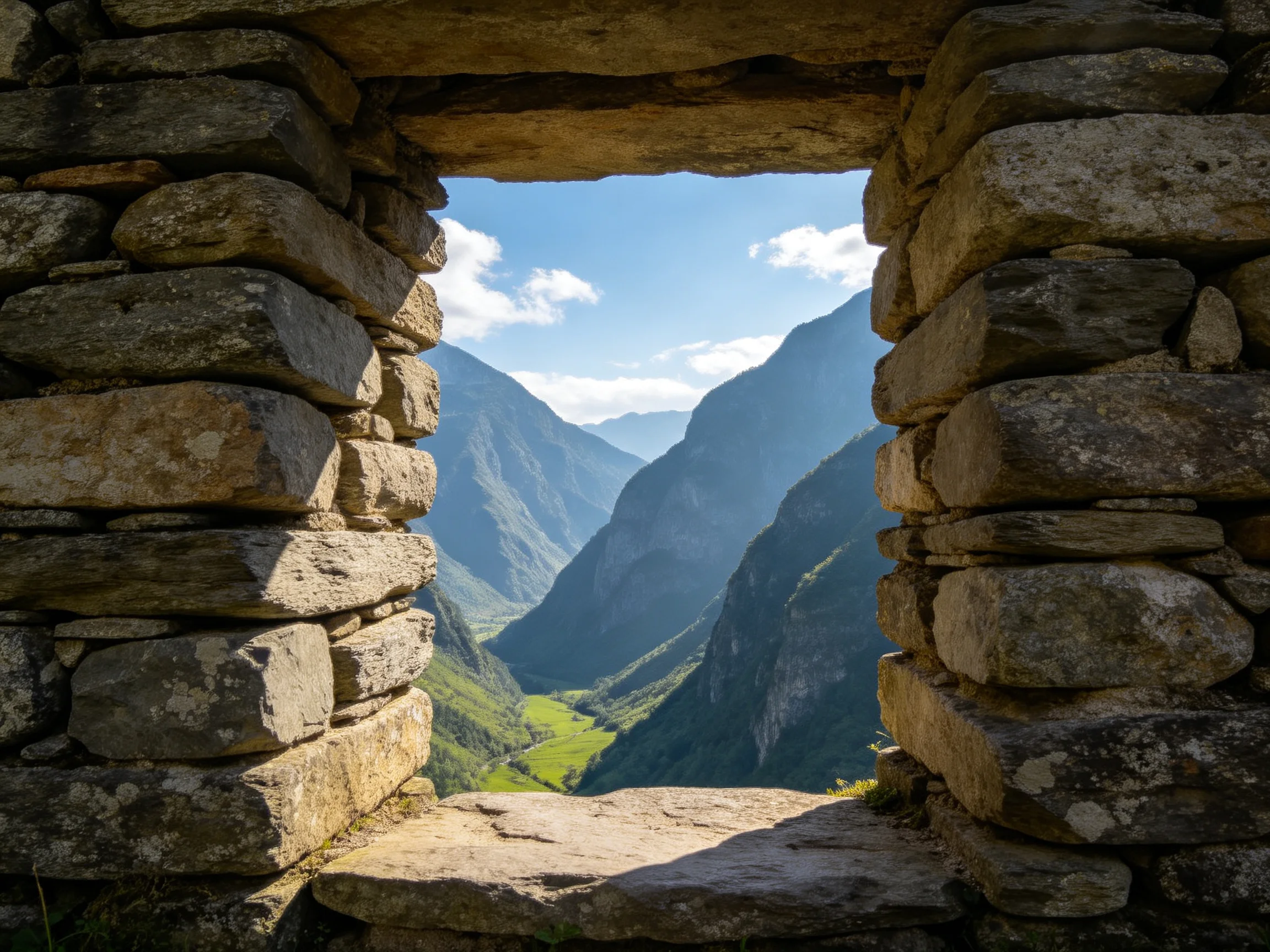 Ancient stone window overlooking lush mountain valley