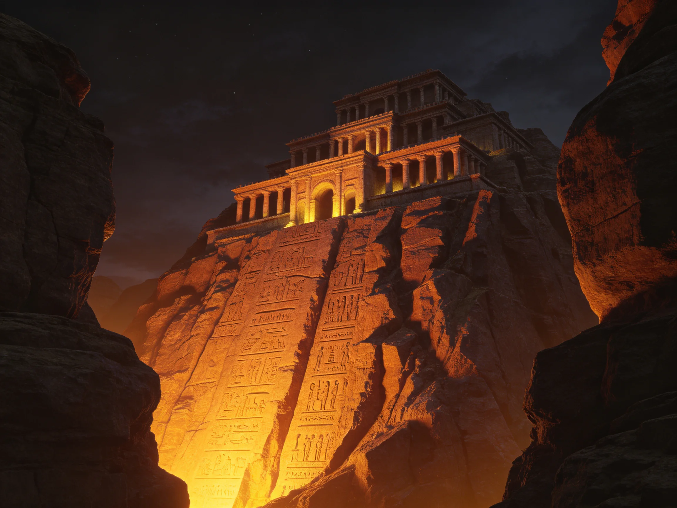 Ancient temple carved into a rocky cliff face with golden illumination