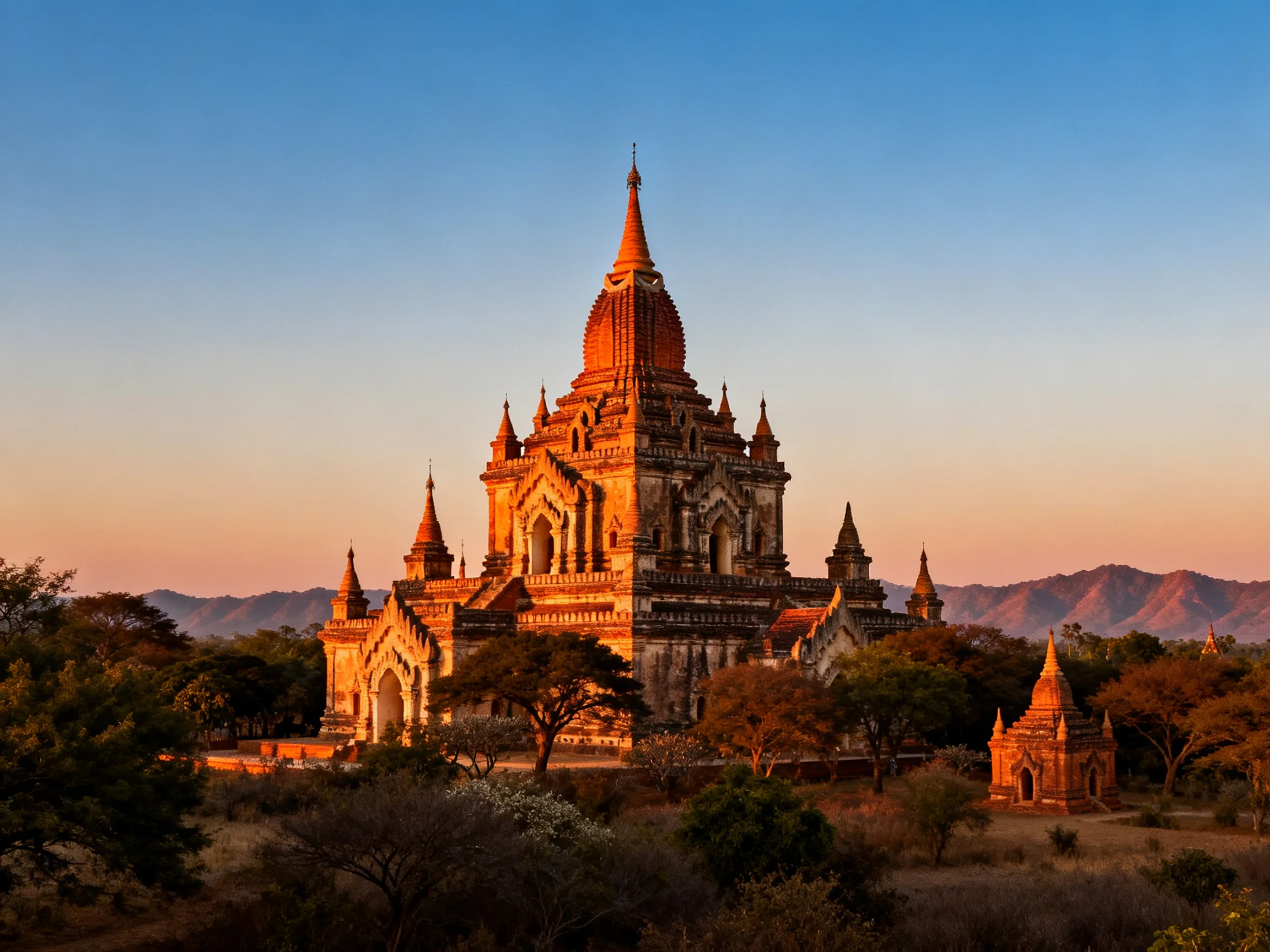 Ancient temple complex illuminated by golden sunset light near trees