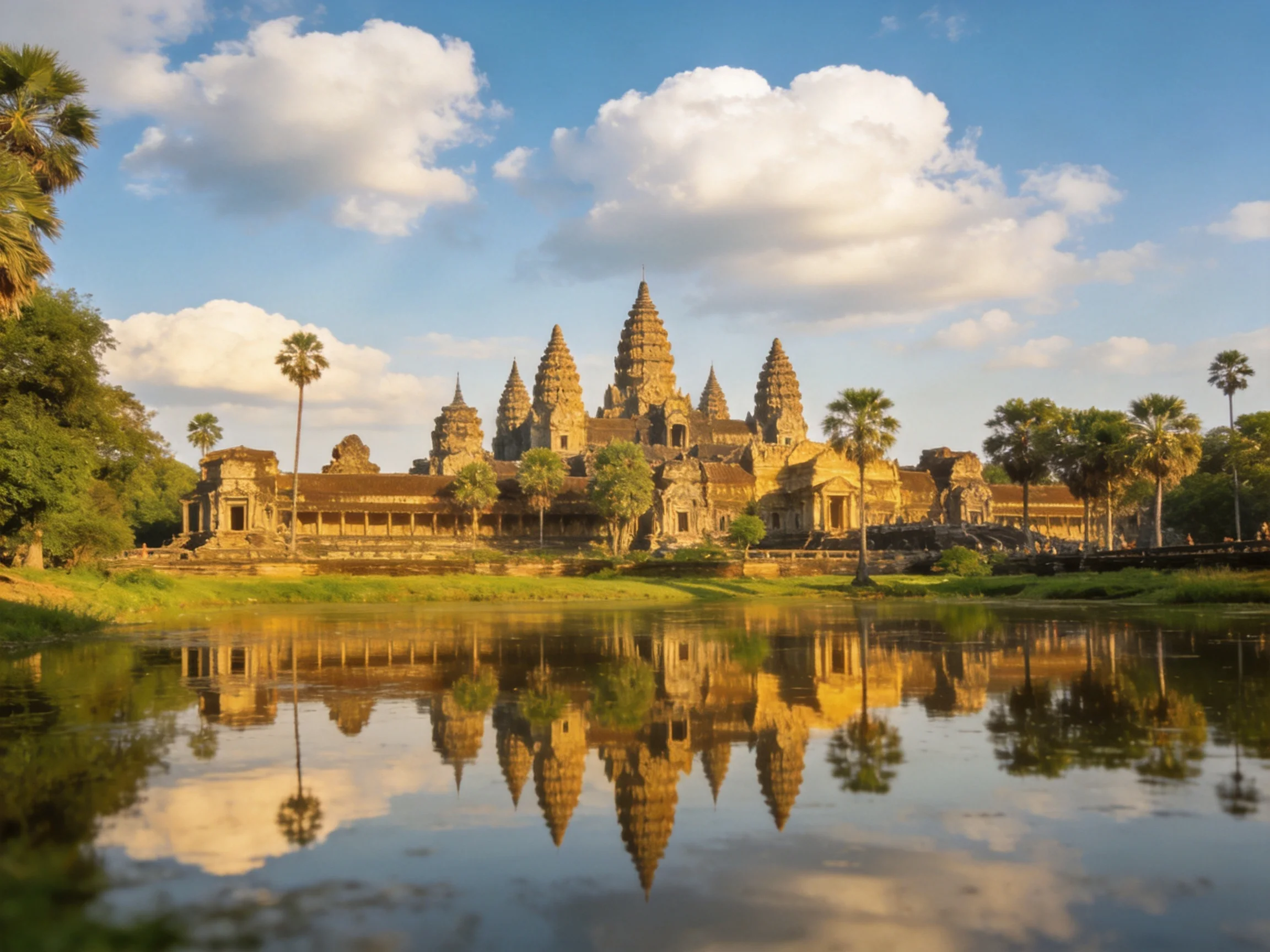 Ancient temple complex reflected in calm water under bright blue sky