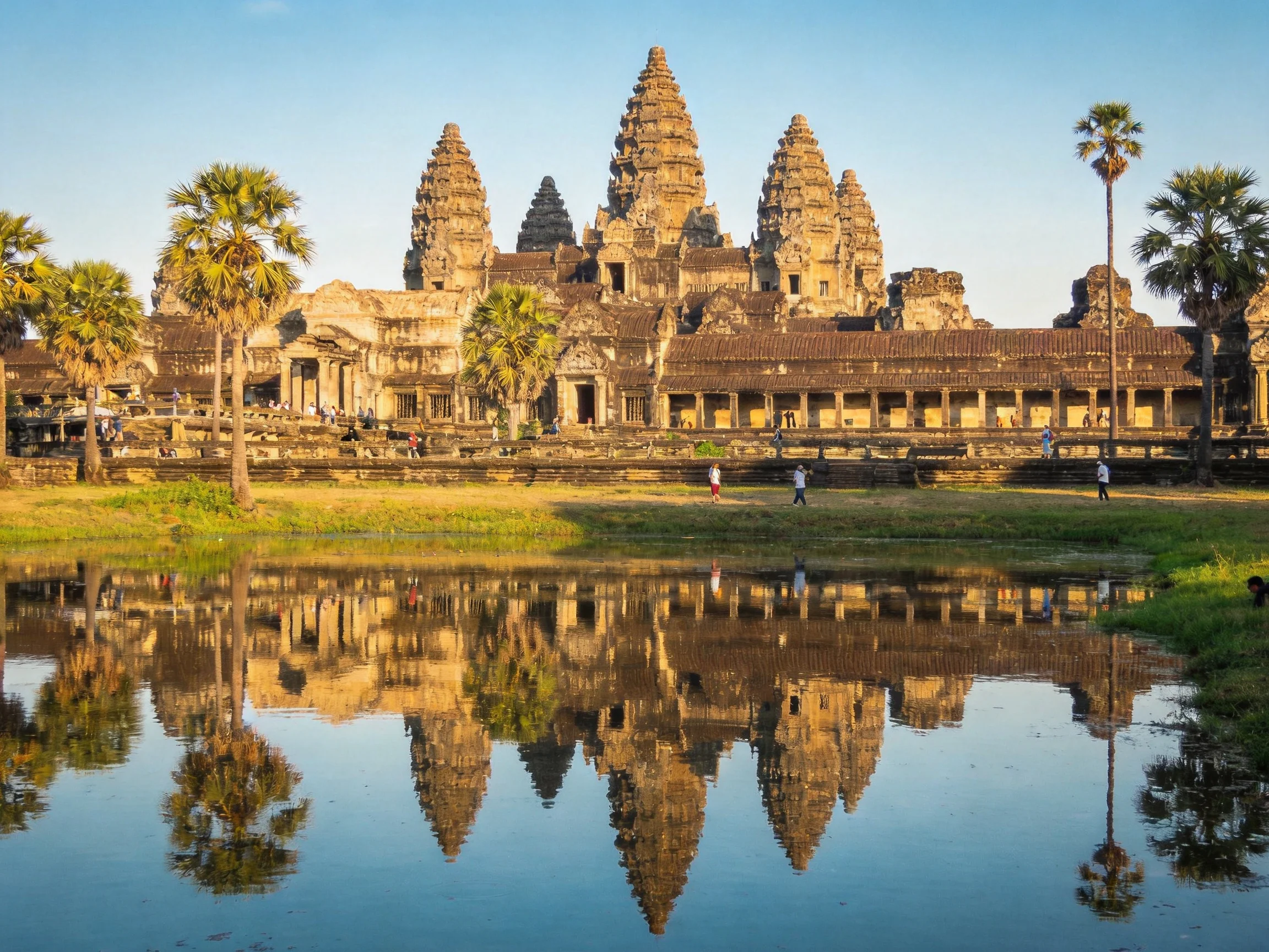 Ancient temple complex reflected in calm water with palm trees