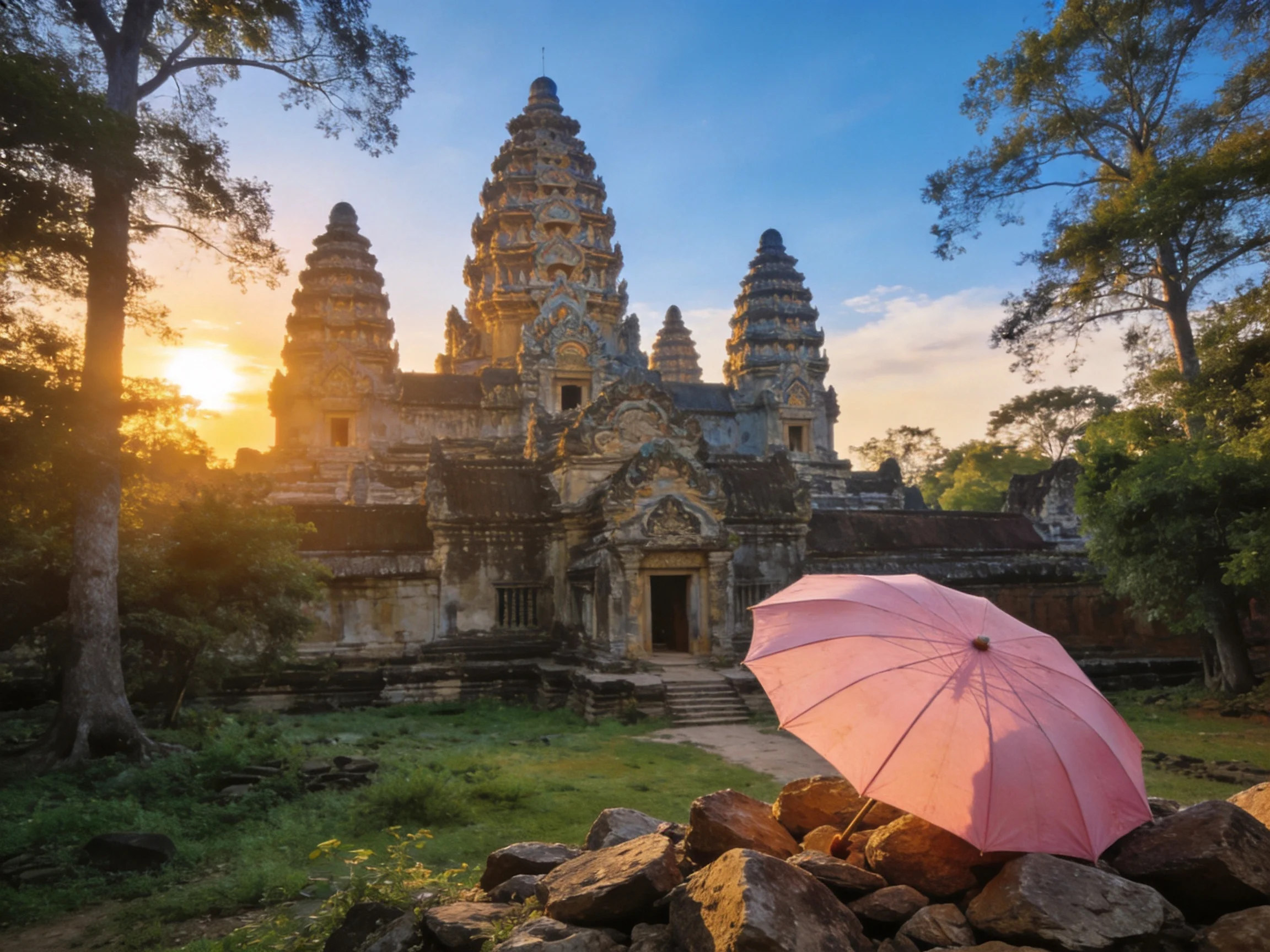 Ancient temple complex with pink umbrella under golden sunset