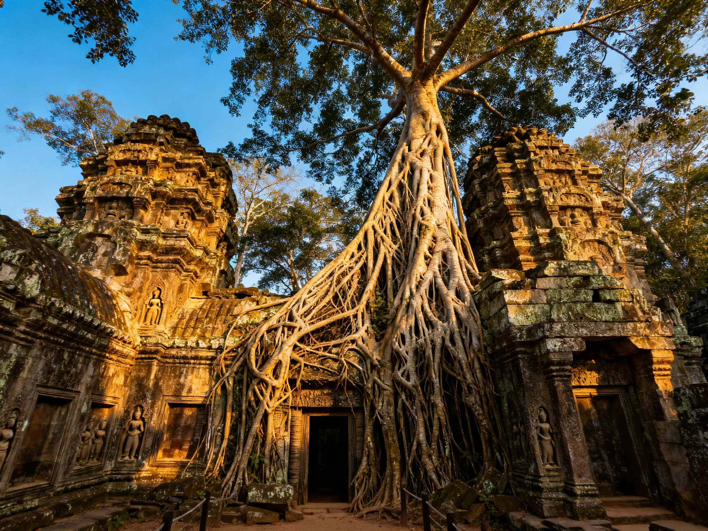 Ancient temple overtaken by sprawling tree roots and stone structures