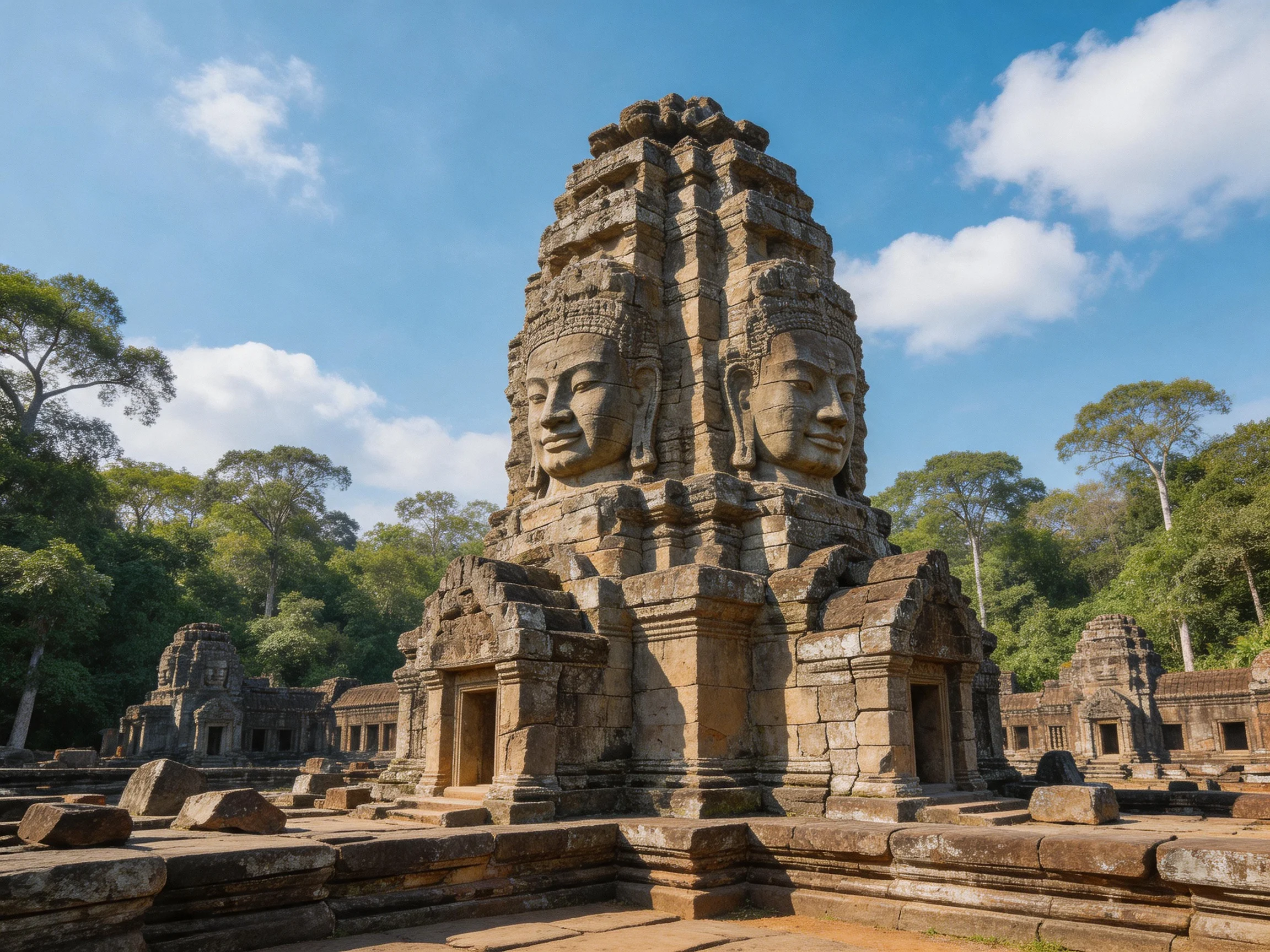 Ancient temple ruins with four stone faces