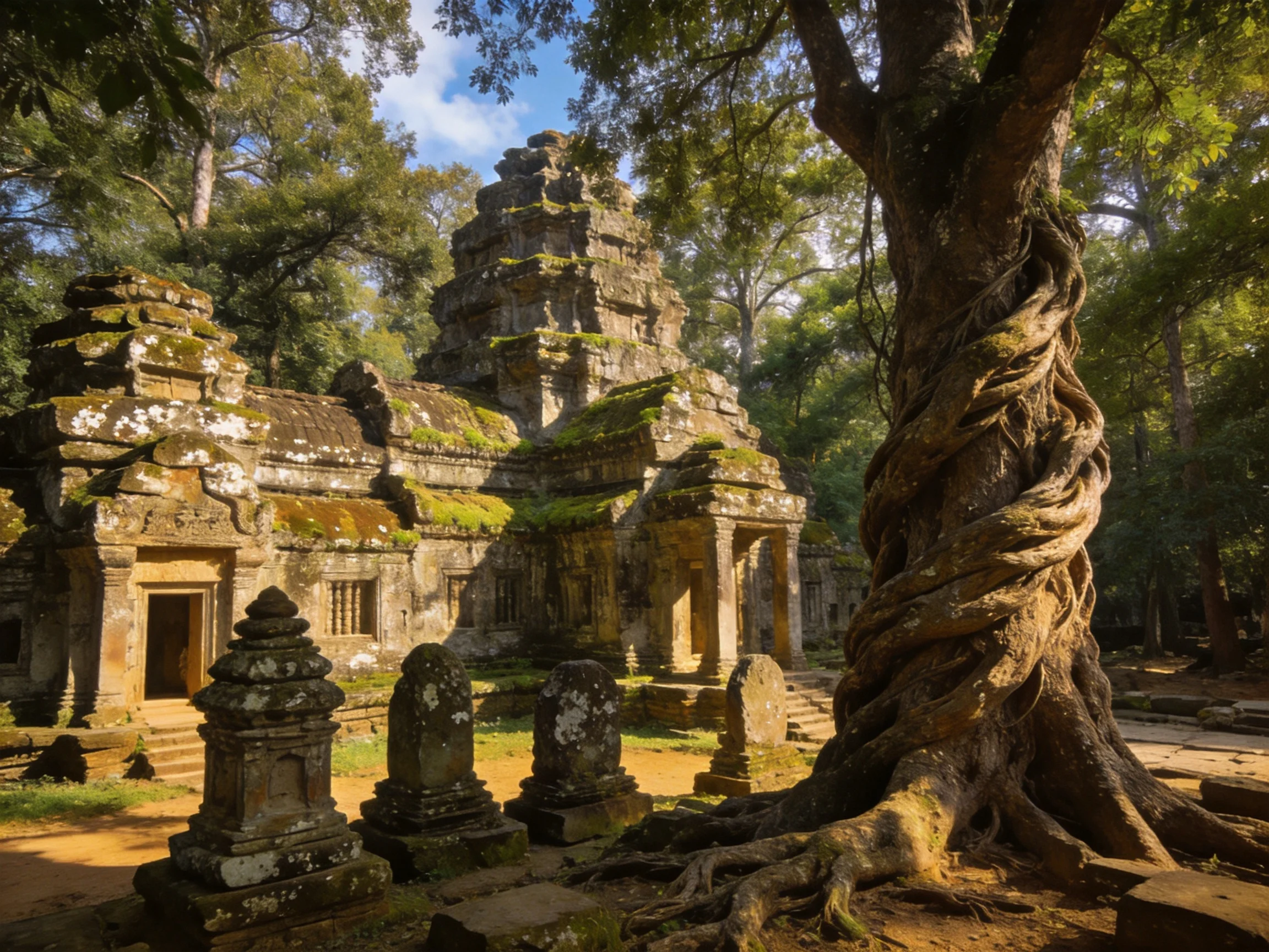 Ancient temple ruins with moss-covered stone structures and large tree roots
