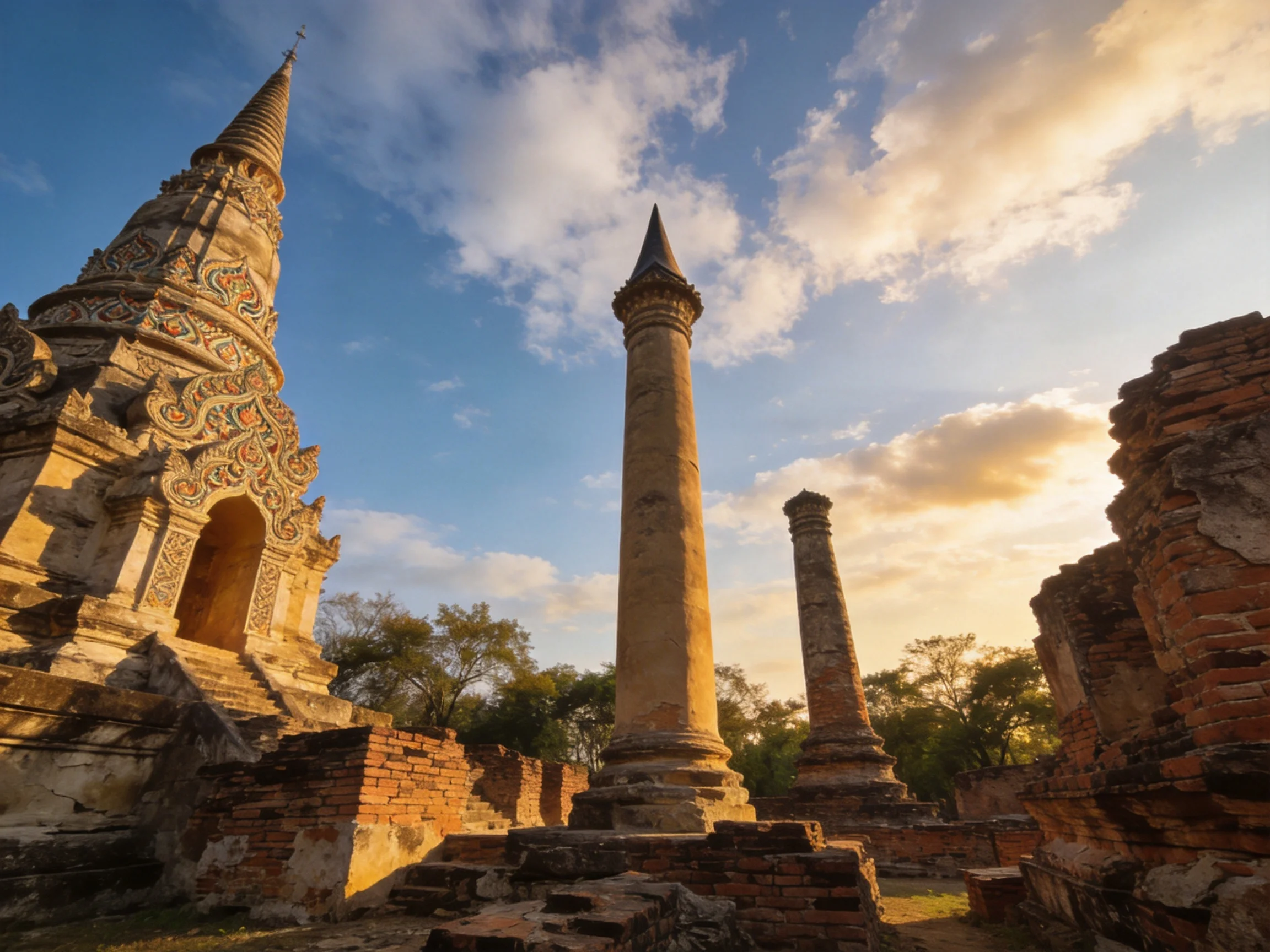 Ancient temple ruins with ornate spire and stone columns