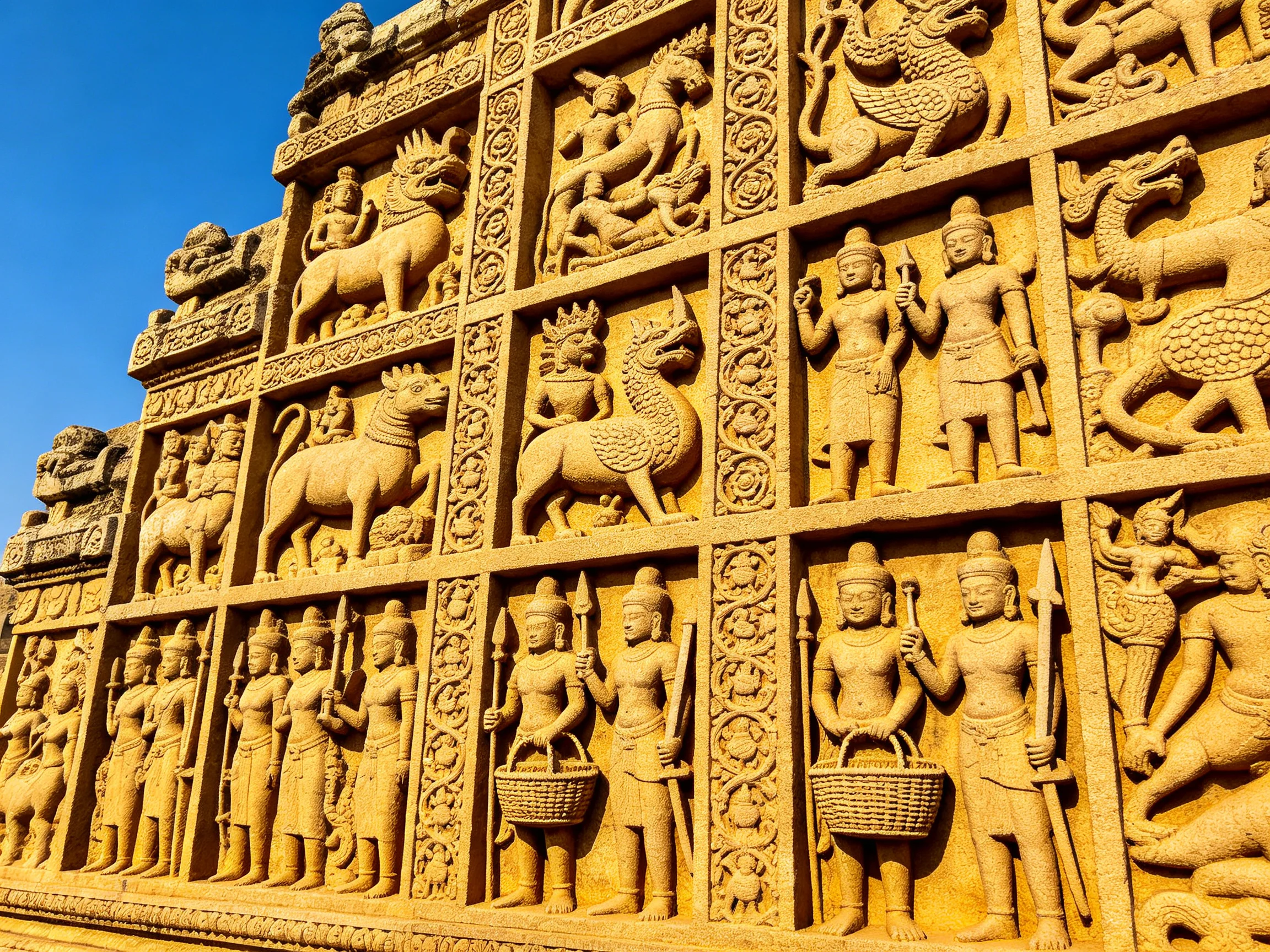 Ancient temple wall with golden-hued stone carvings of deities and mythical creatures