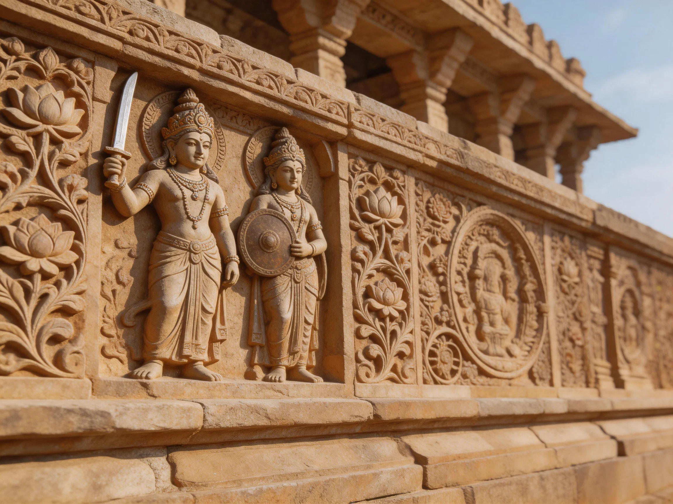 Ancient temple wall with two carved divine figures in warm stone tones