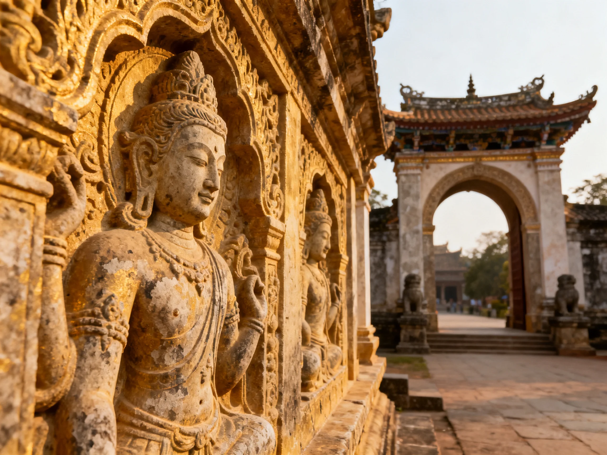 Ancient temple wall with weathered stone sculptures near an ornate archway