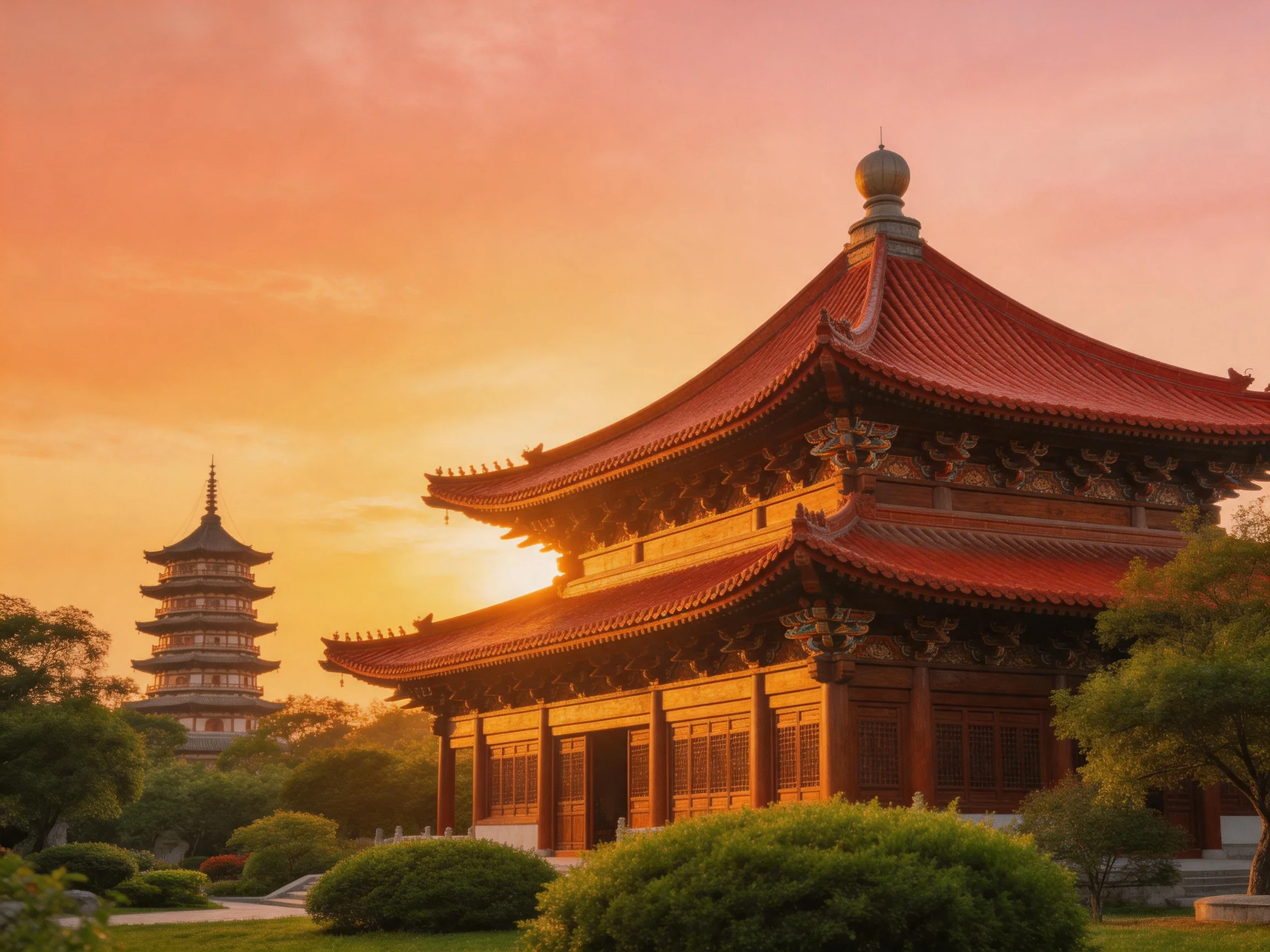 Ancient temple with red roofs near pagoda under warm sunset