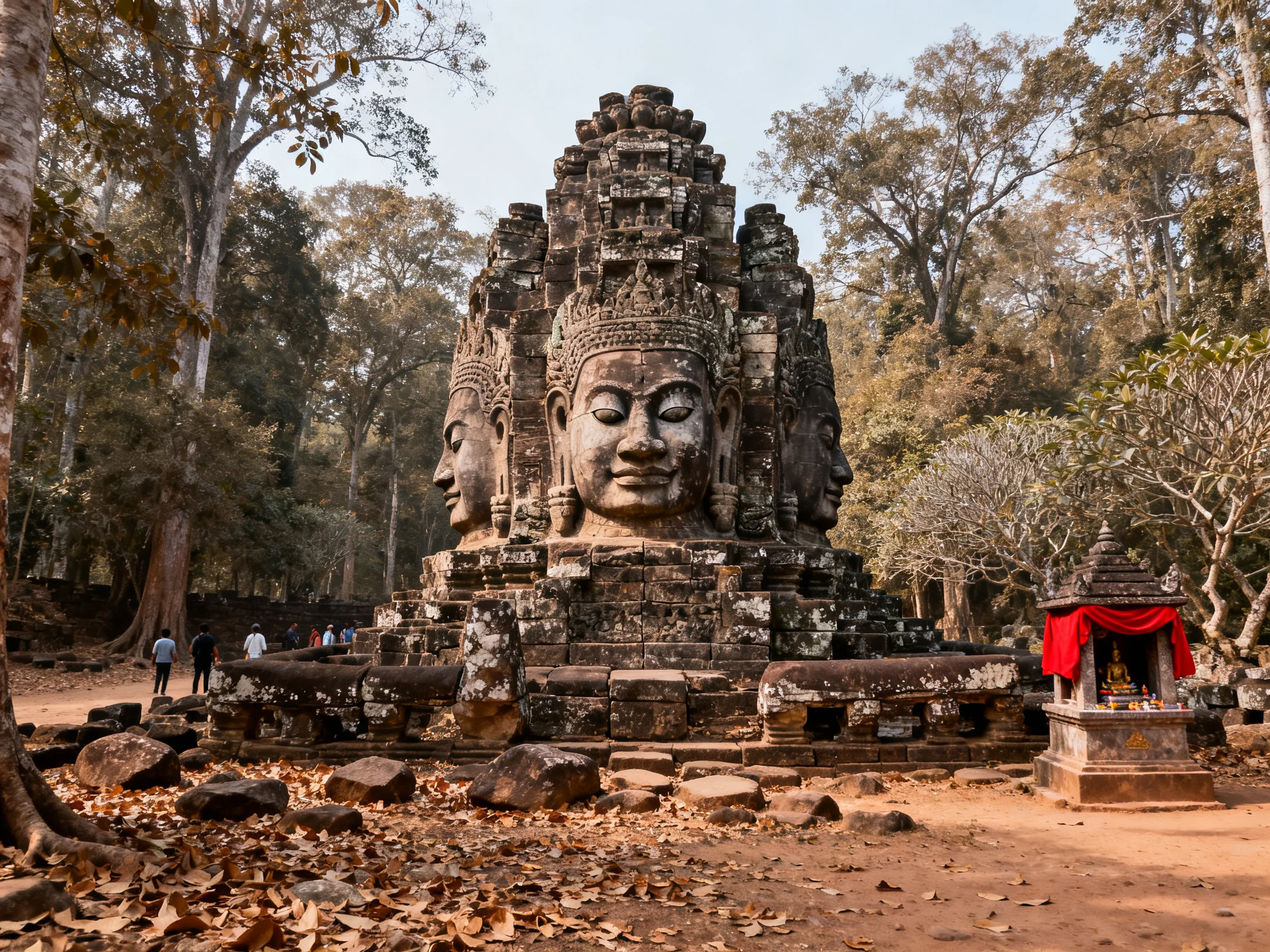 Ancient temple with three carved stone faces amidst forest trees