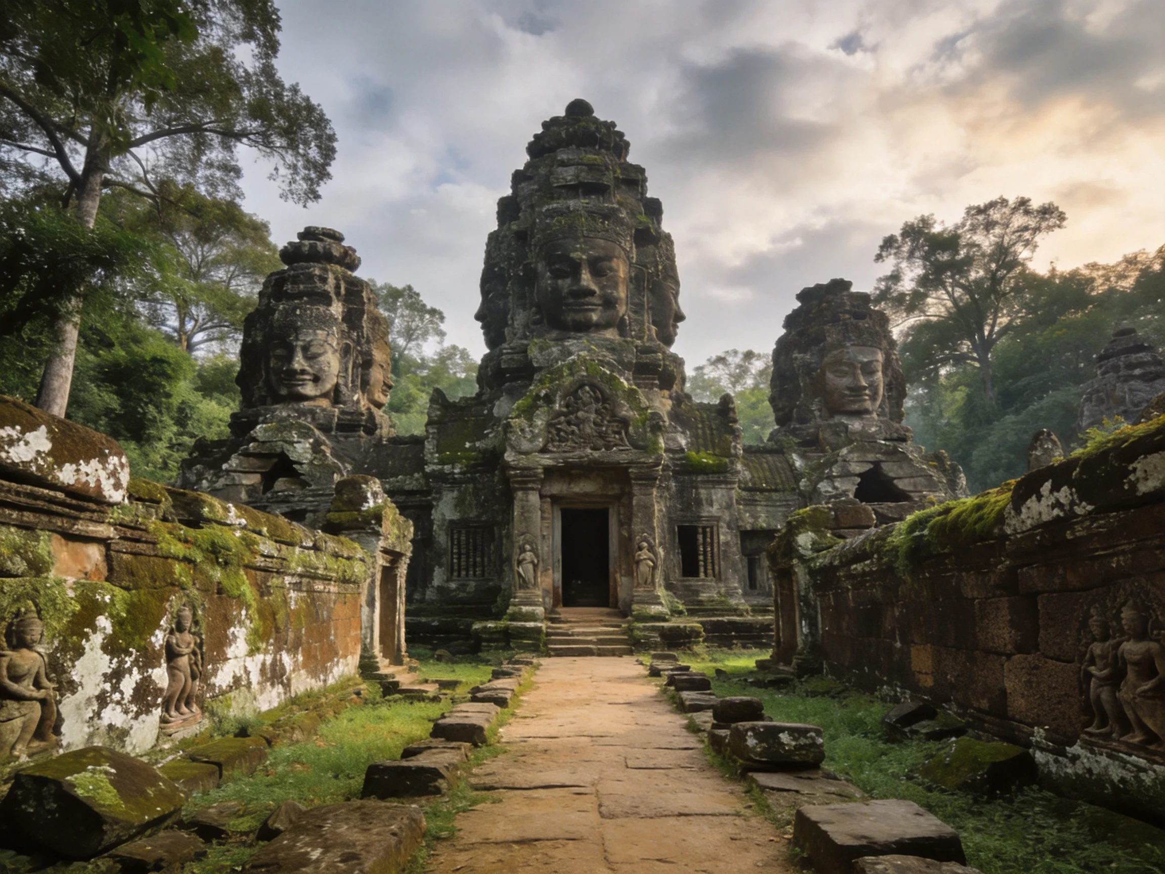 Ancient temple with three stone faces and moss-covered ruins