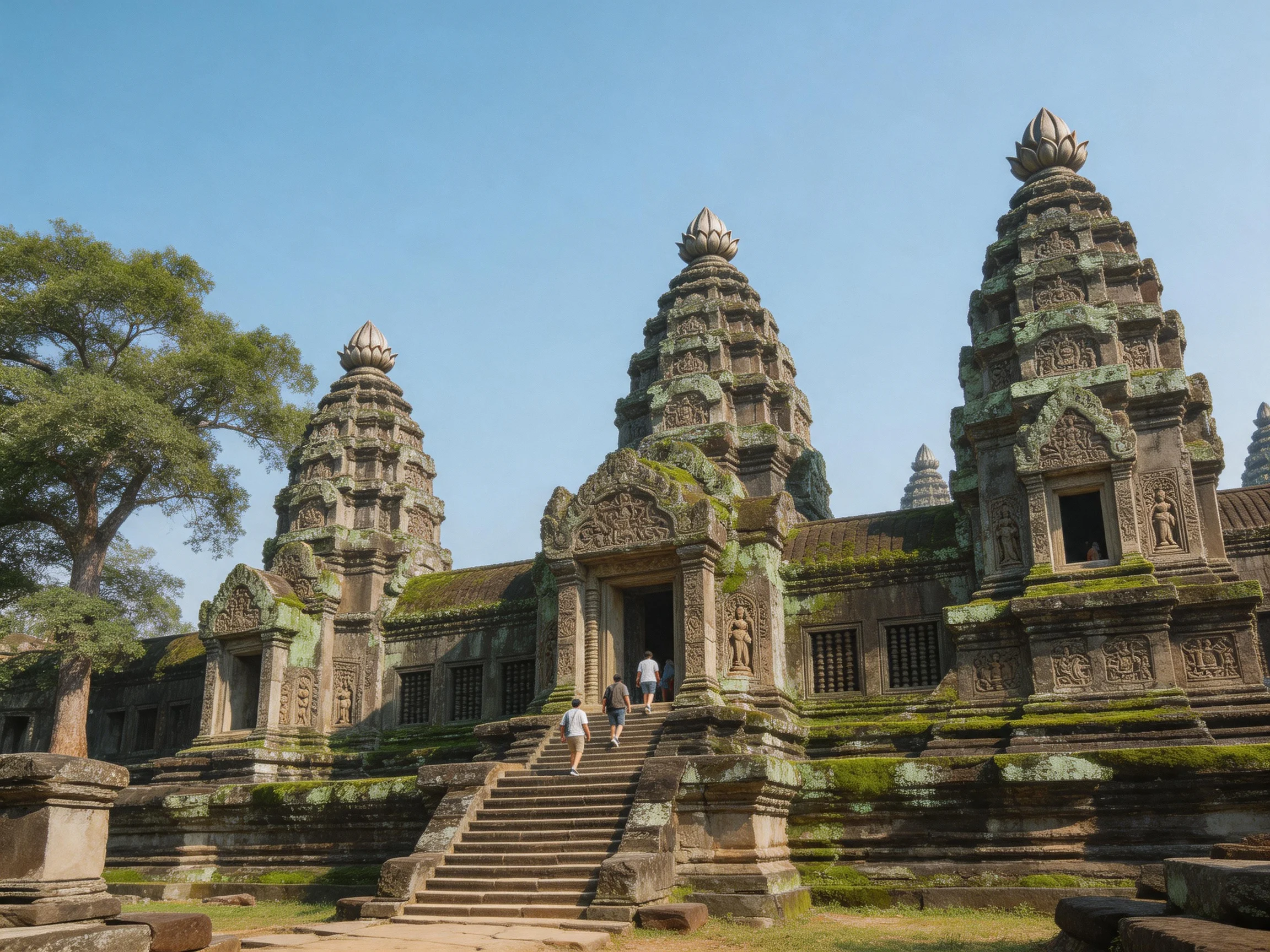 Ancient temple with three towered spires and moss-covered stone walls