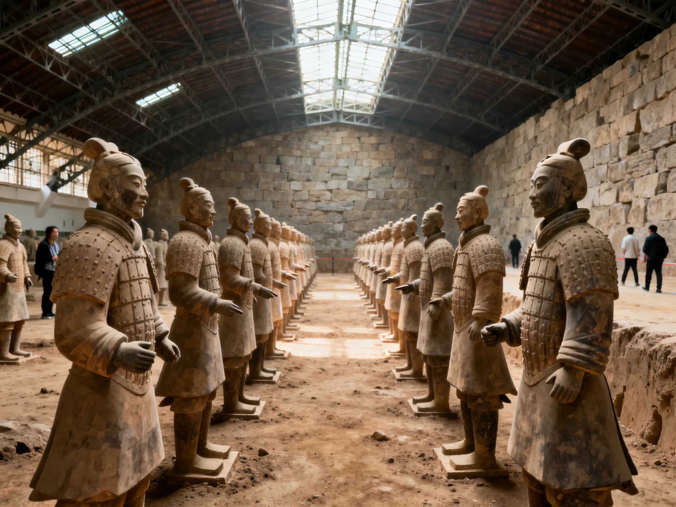 Ancient terracotta warrior statues arranged in rows inside a stone archaeological hall