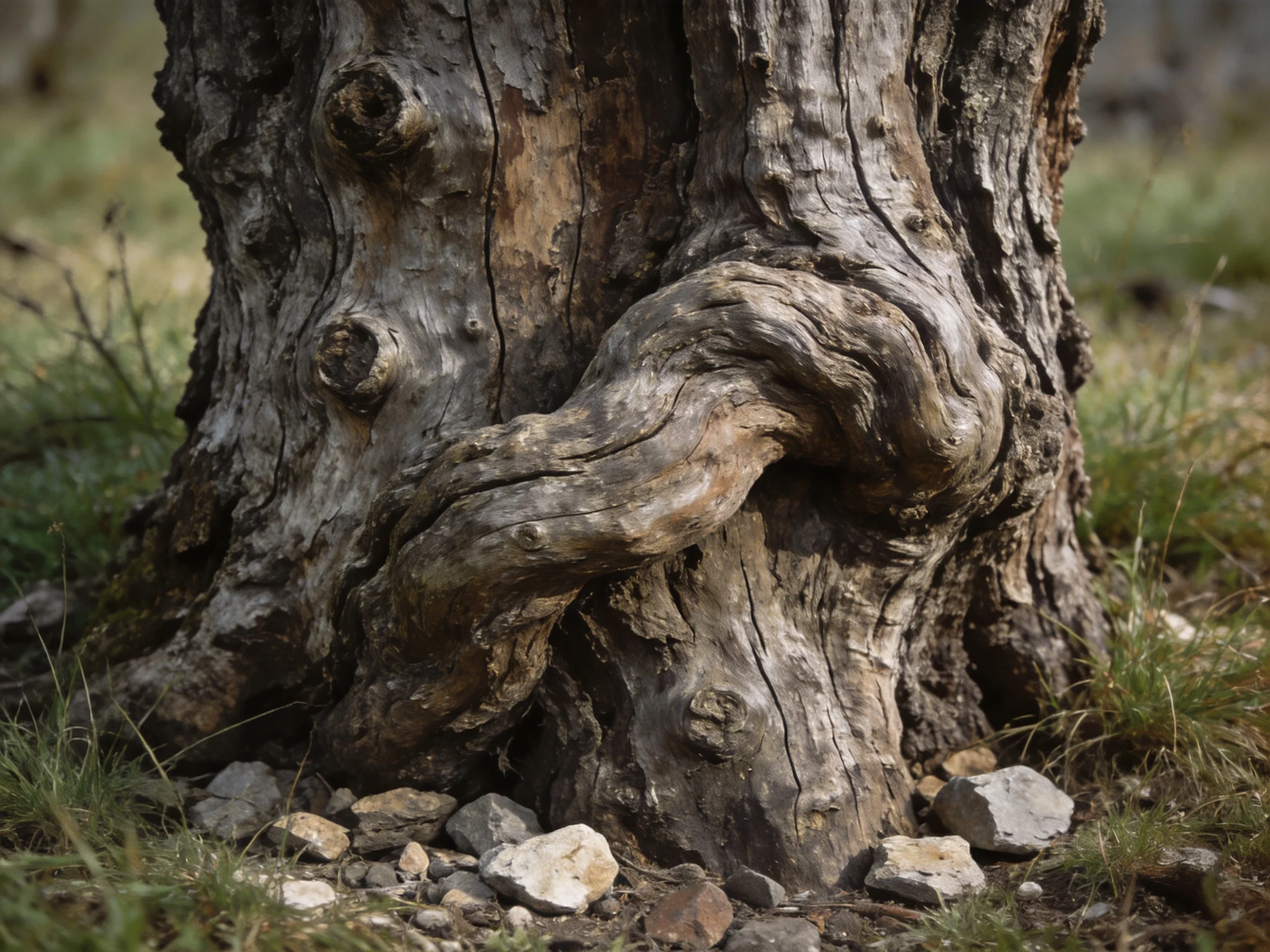 Ancient tree trunk with twisted roots and scattered stones
