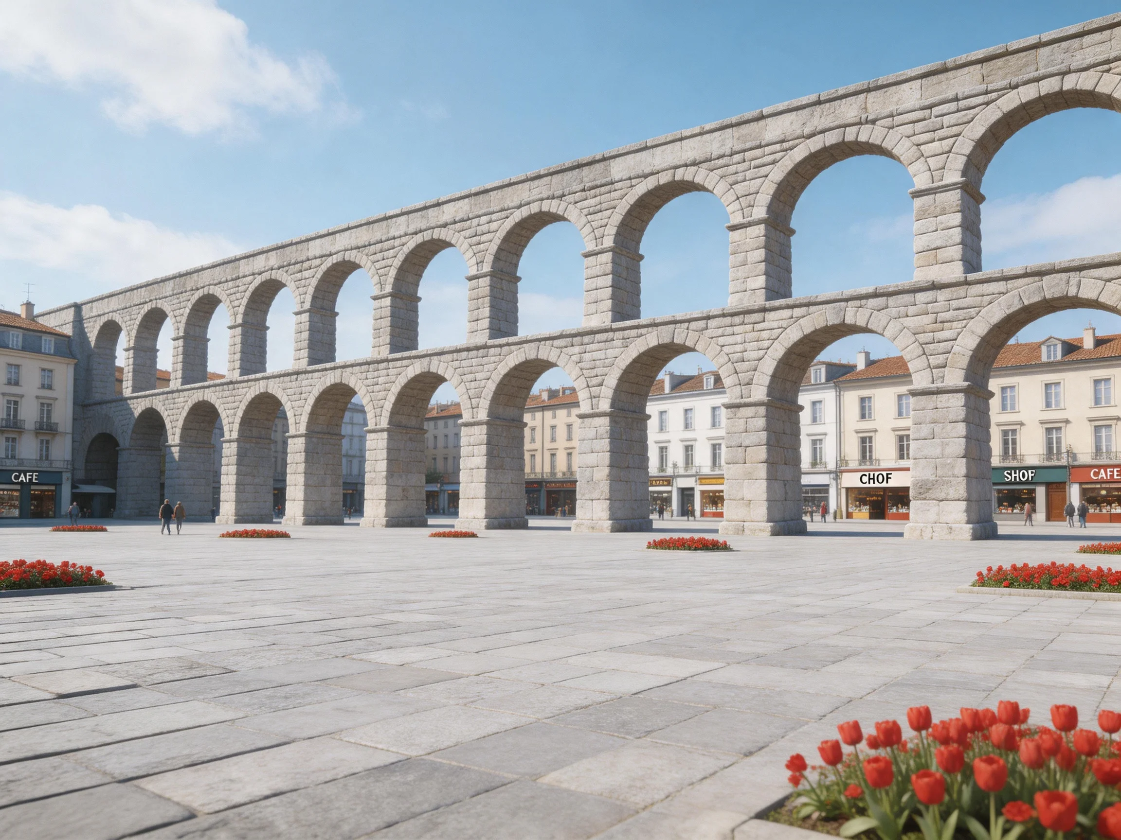 Ancient two-tiered stone aqueduct spans flowered town square