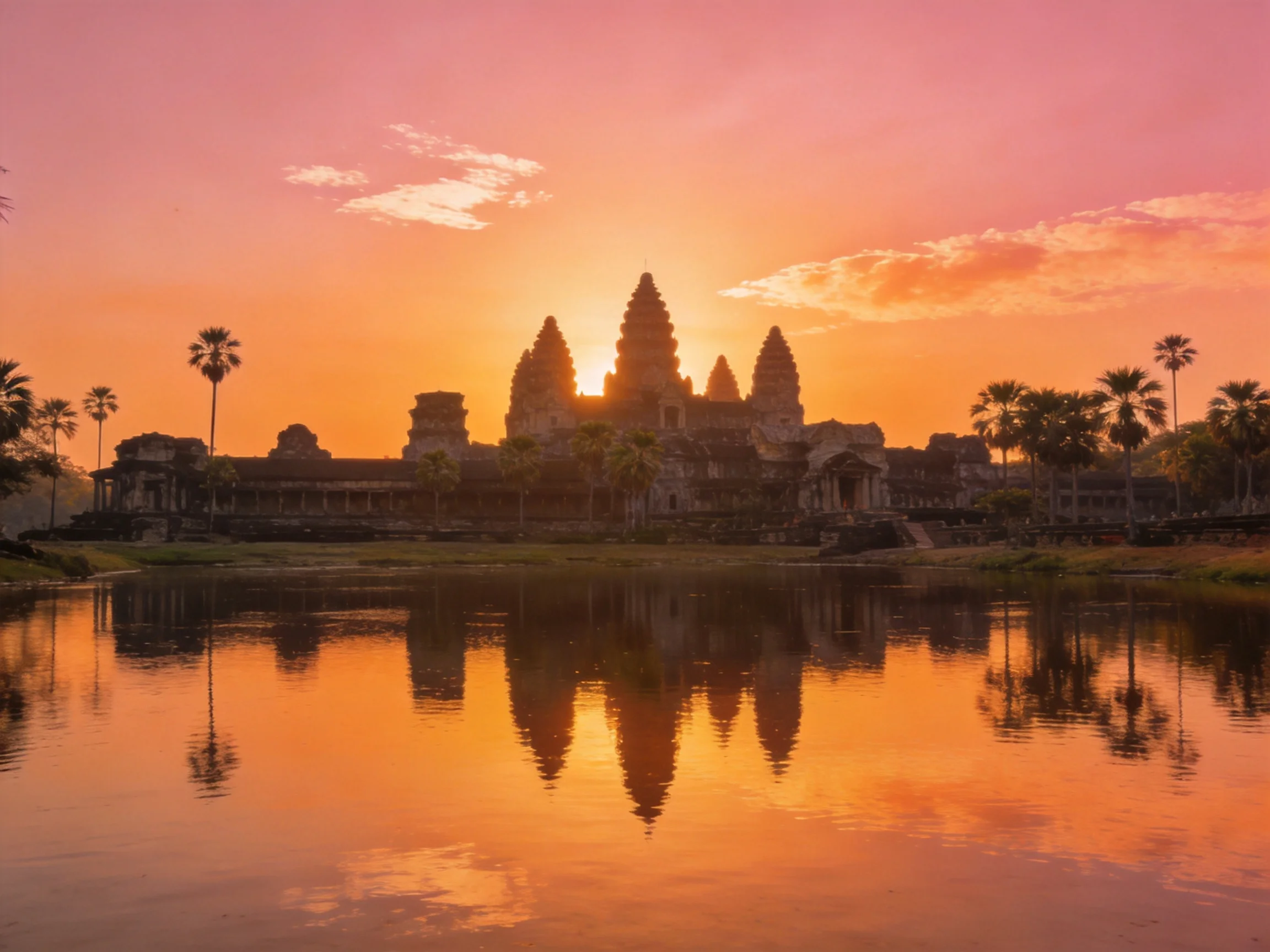 Angkor Wat Temple Silhouette at Sunset with Water Reflection