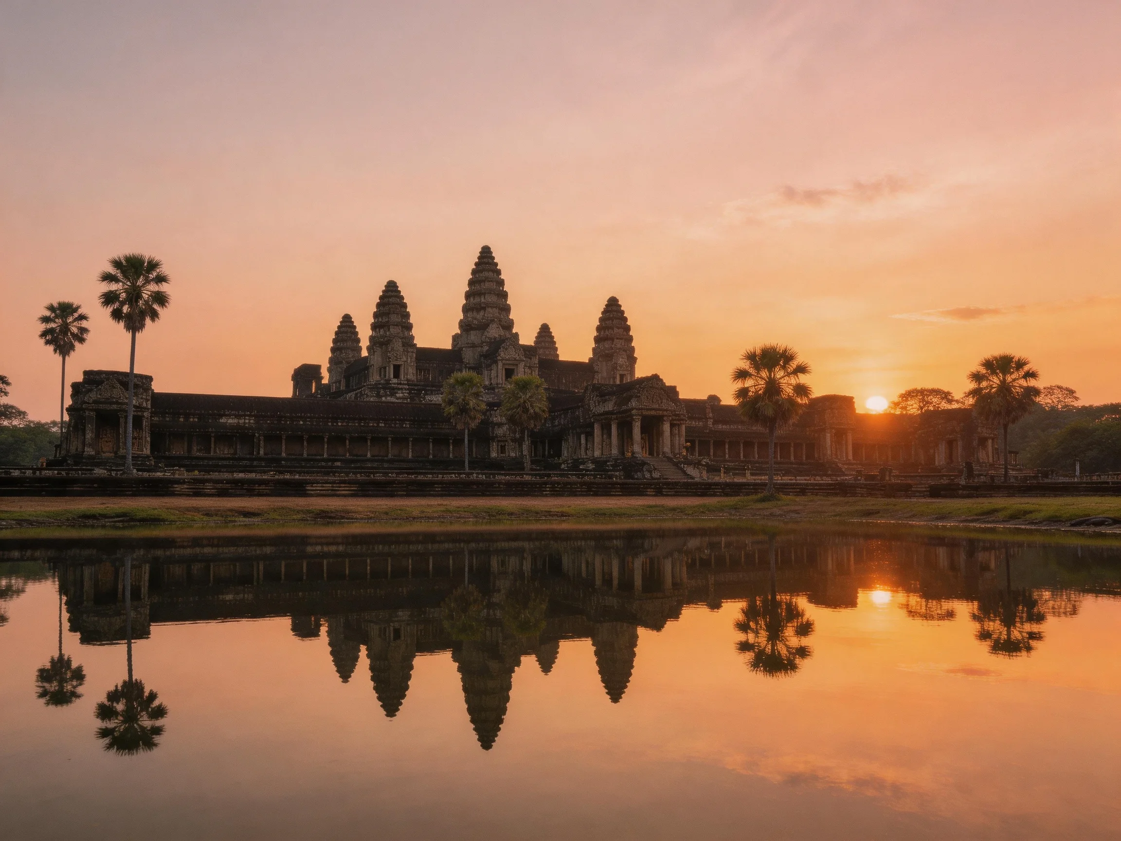 Angkor Wat Temple at Sunset with Reflection in Still Water