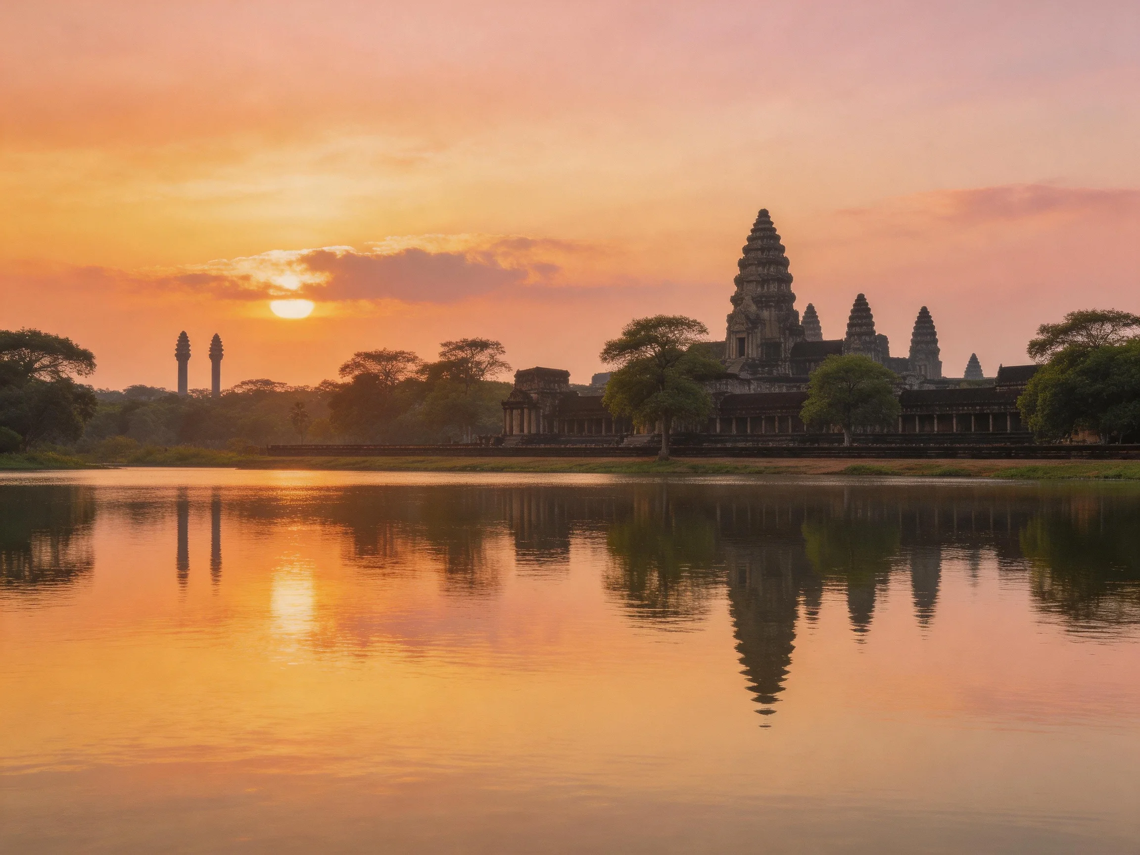 Angkor Wat Temple at Sunset with Reflective Water