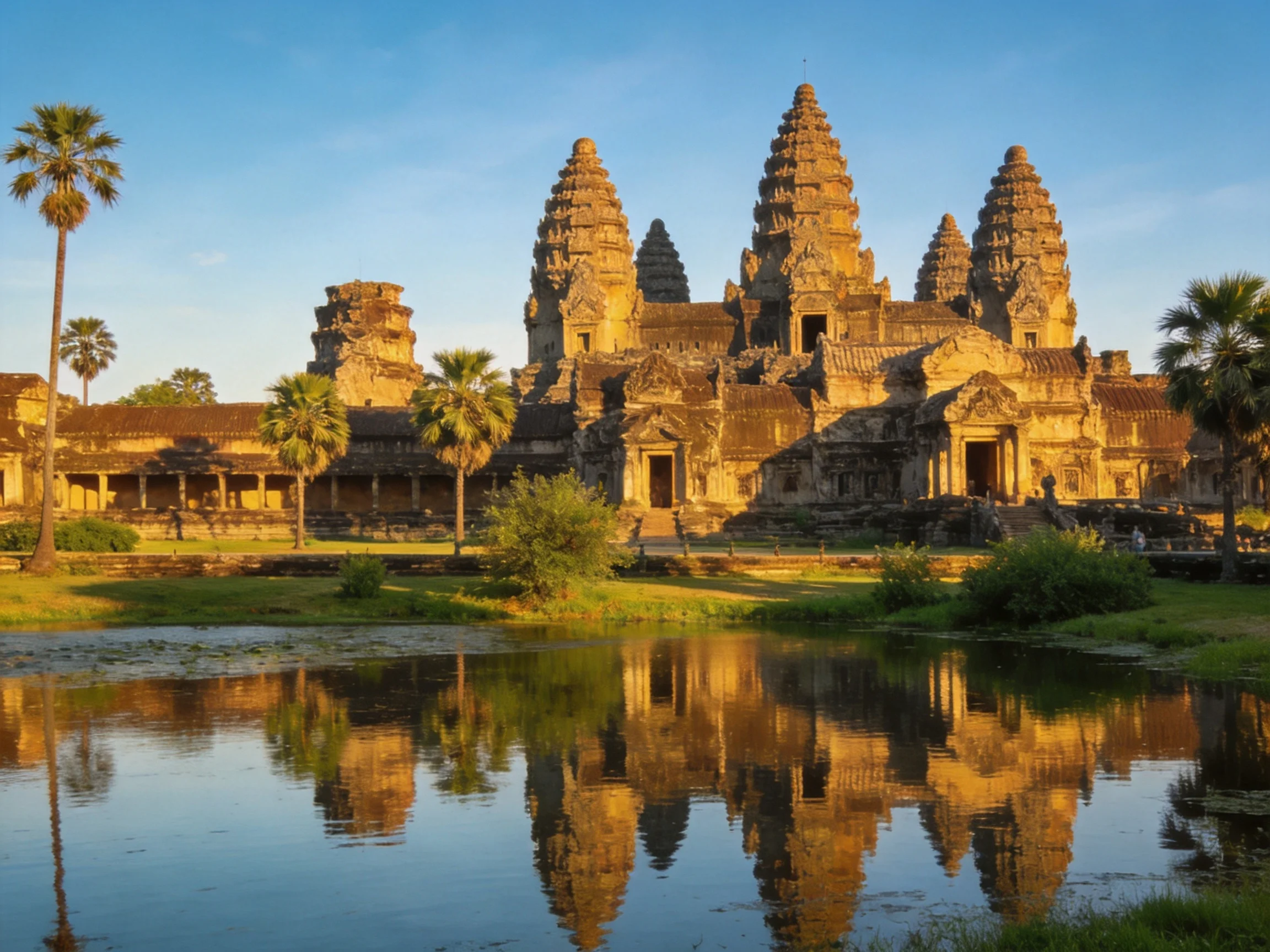 Angkor Wat Temple with Golden Reflections by Historic Waters