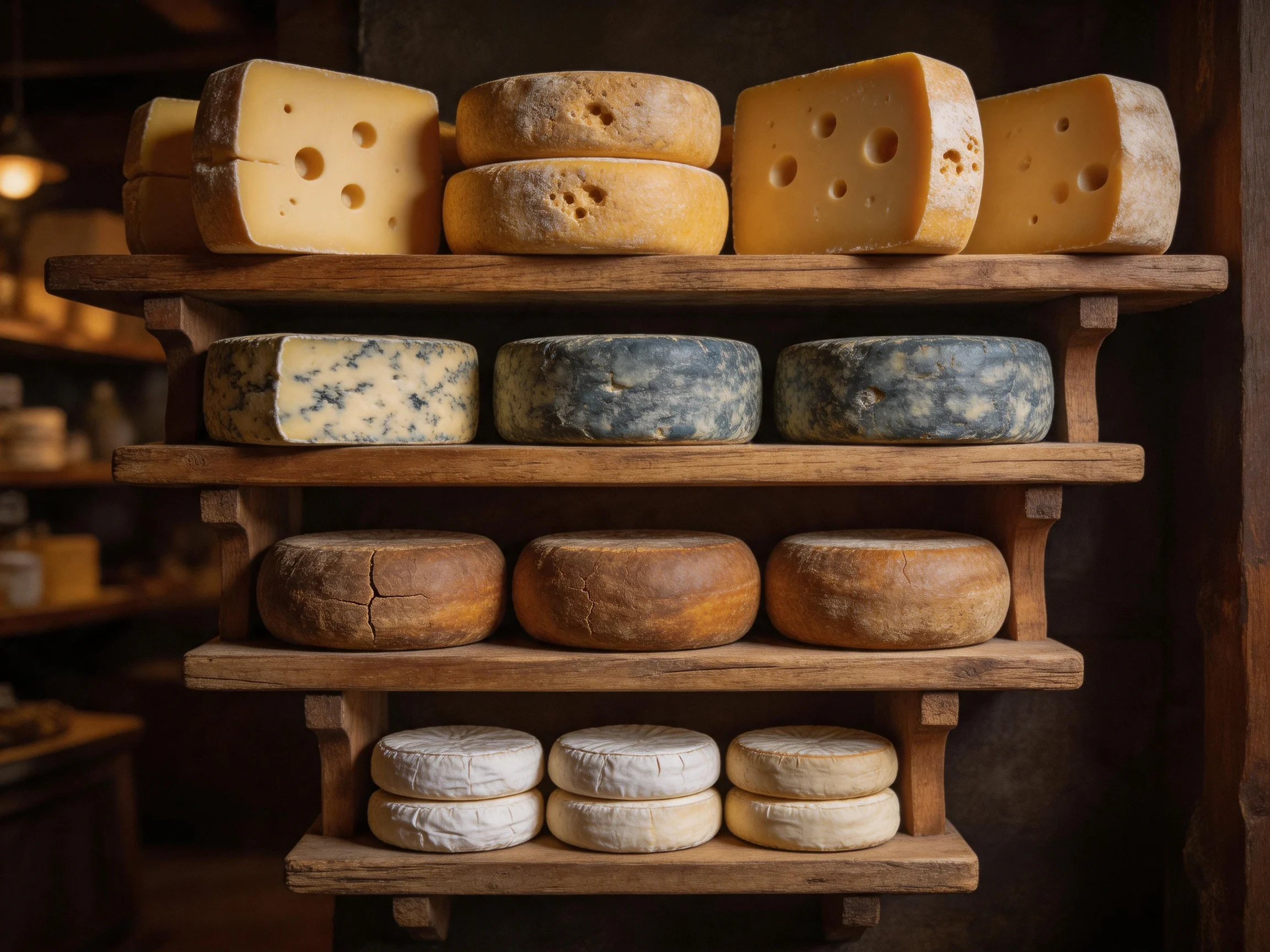 Assorted cheeses displayed on rustic wooden shelves with varied textures