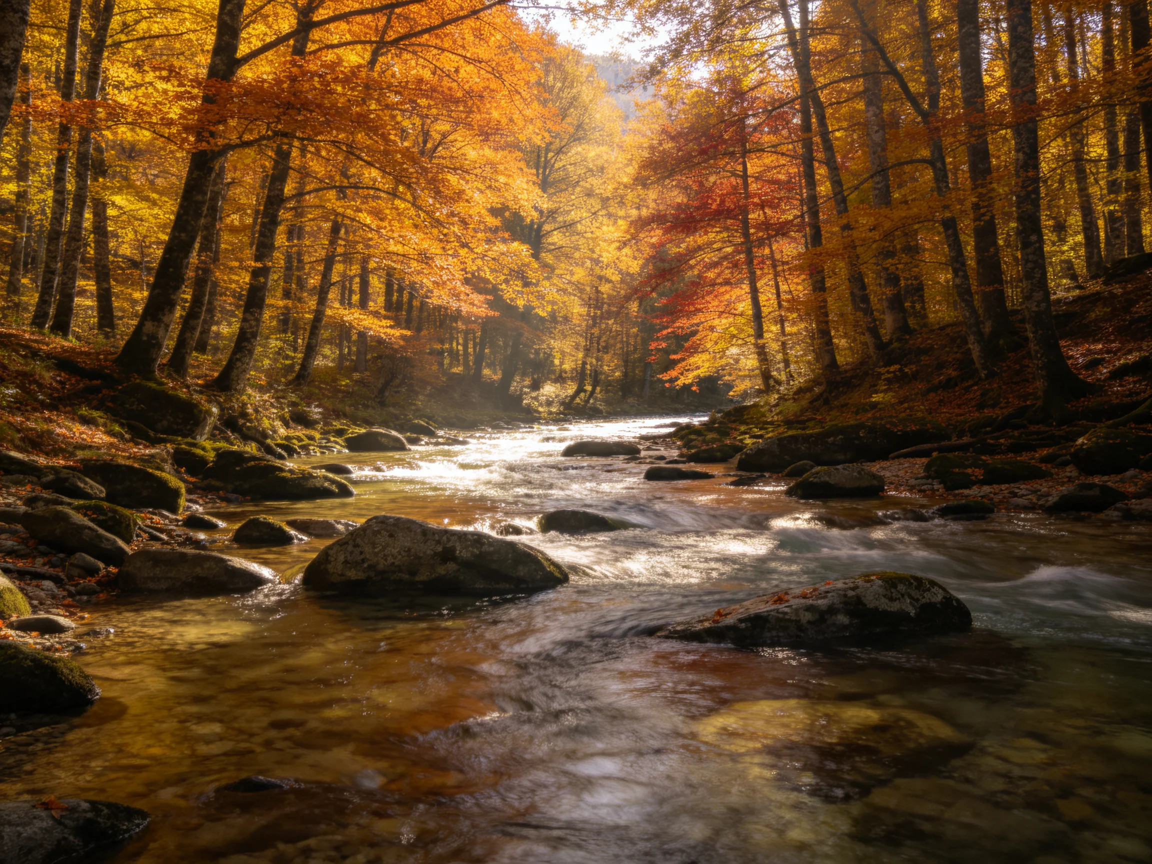 Autumn Stream With Golden Foliaged Trees and Scattered Rocks
