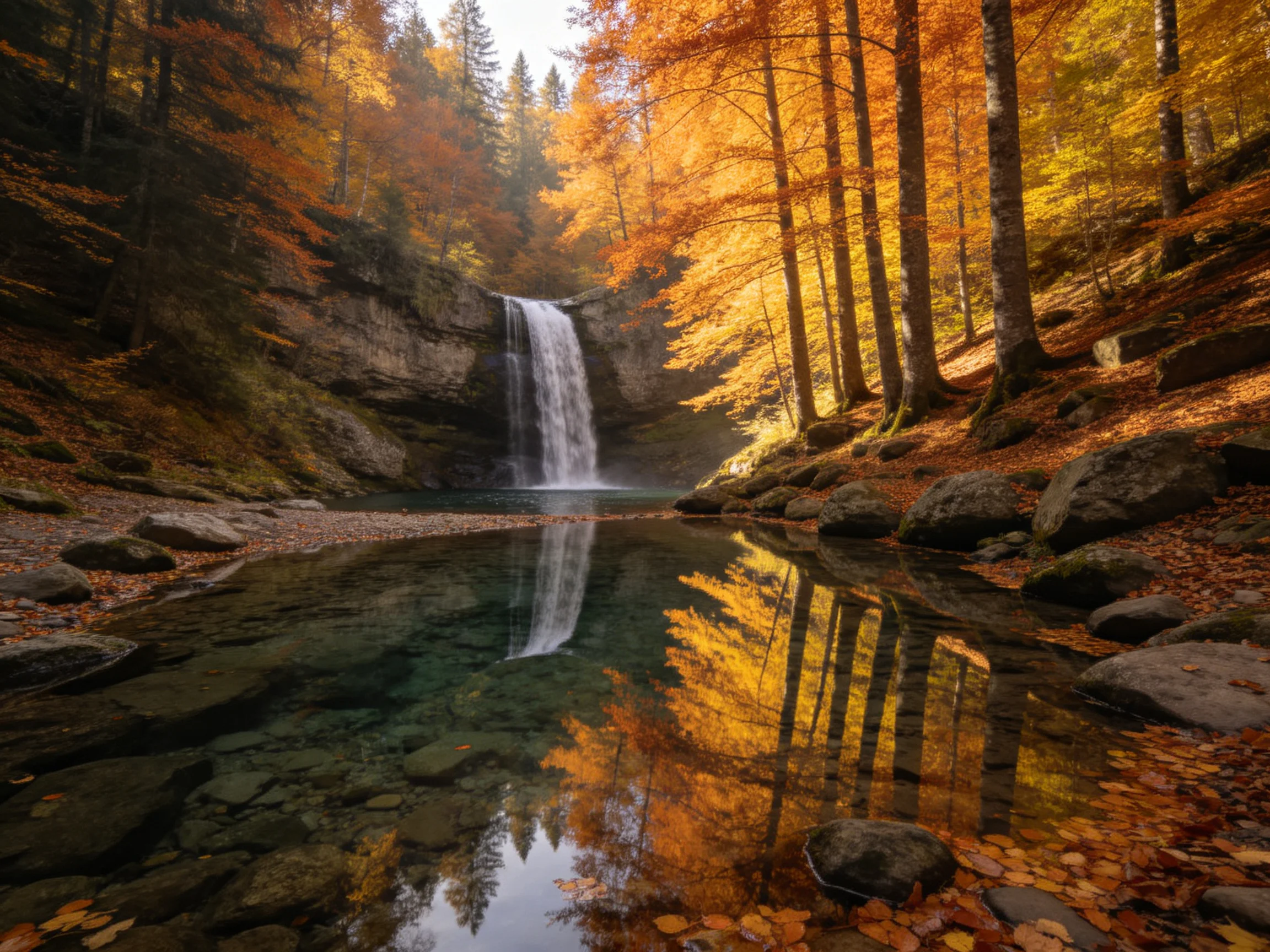 Autumn forest waterfall with golden foliage and clear pool