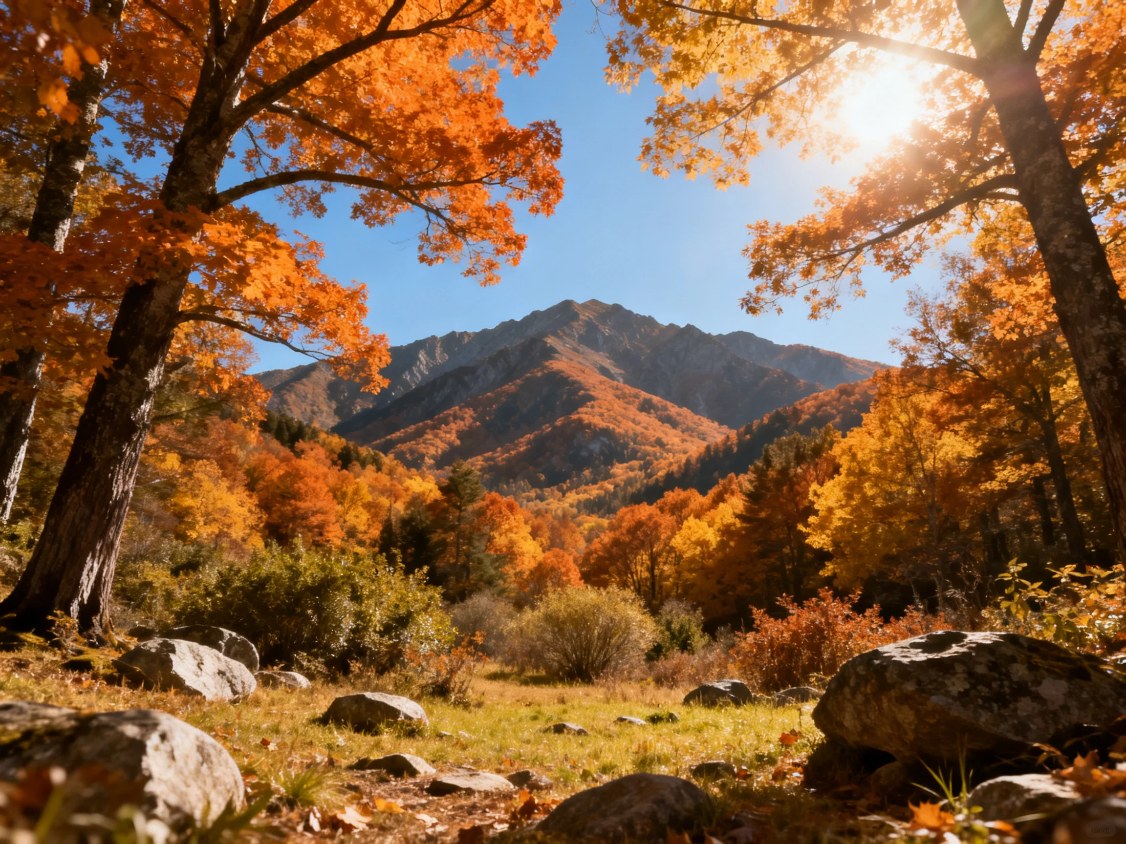 Autumn forest with vibrant orange and yellow foliage near mountain peaks