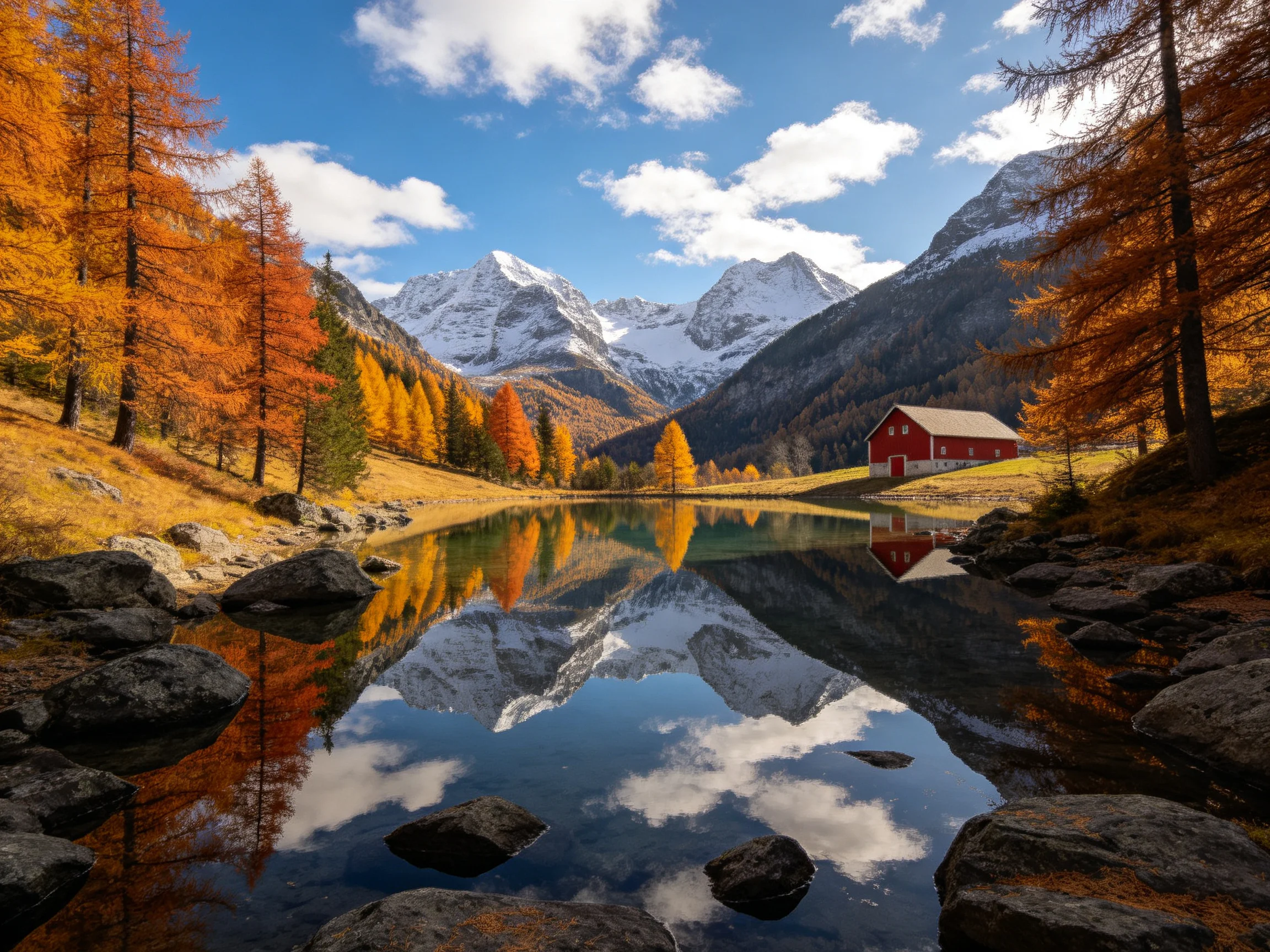 Autumn landscape with red barn, golden trees, and mountain lake reflection