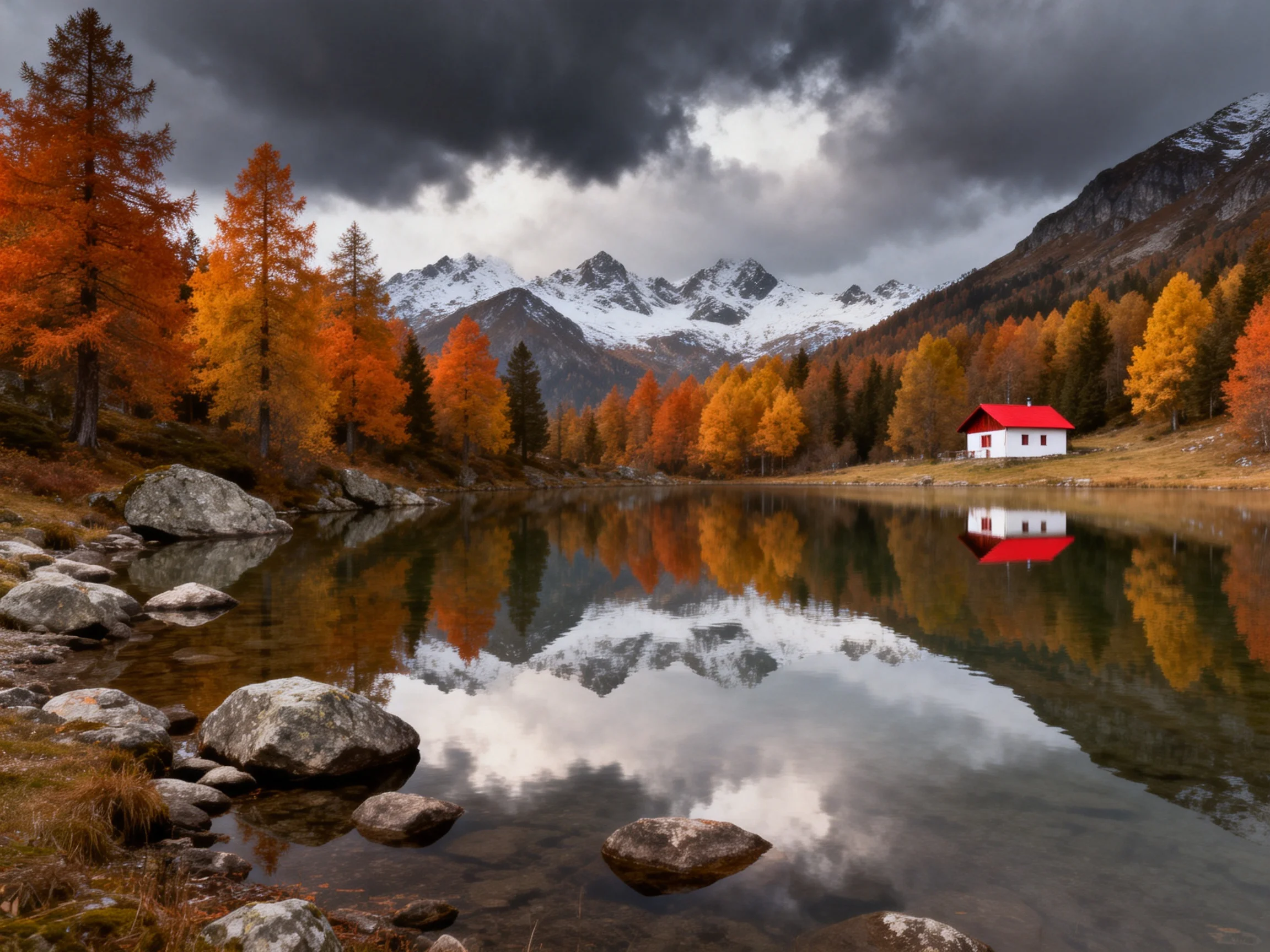 Autumn landscape with vibrant foliage, calm lake, snow-capped mountains