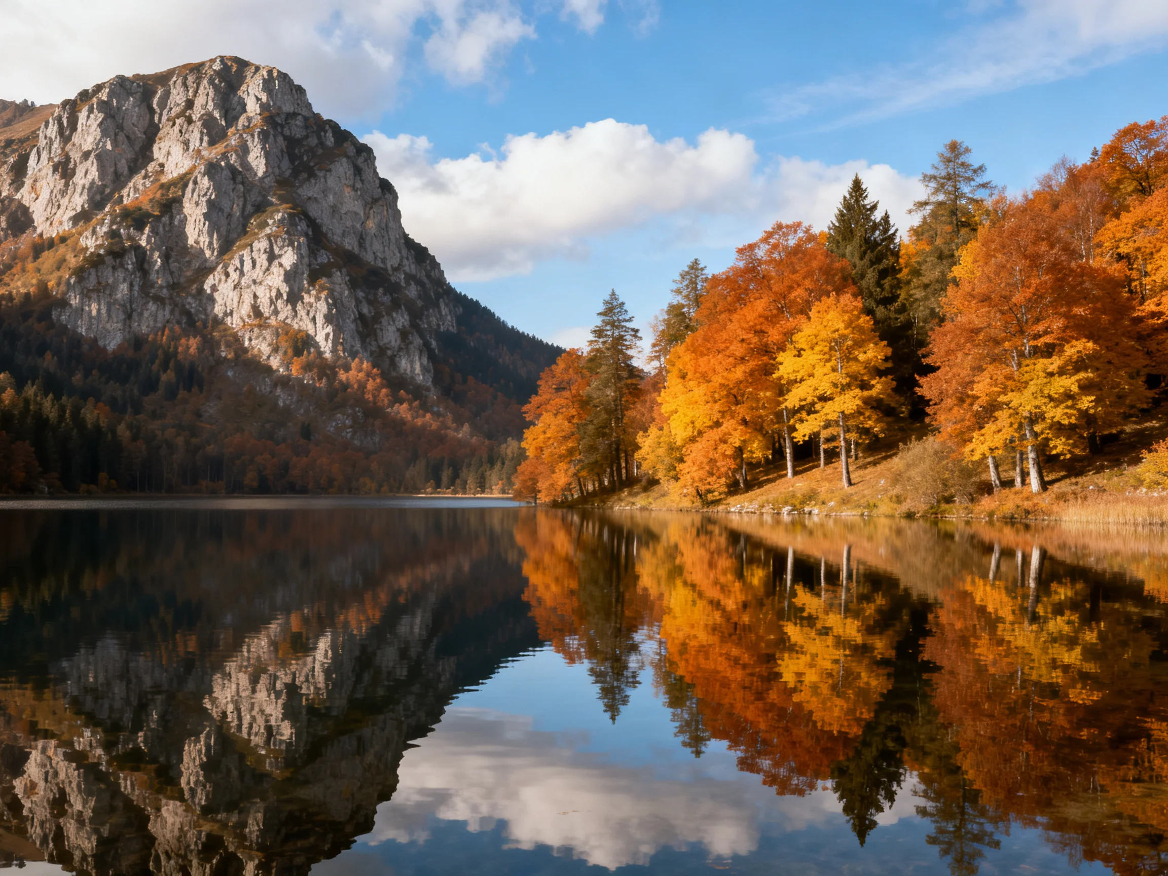 Autumn landscape with vibrant foliage reflecting in calm lake