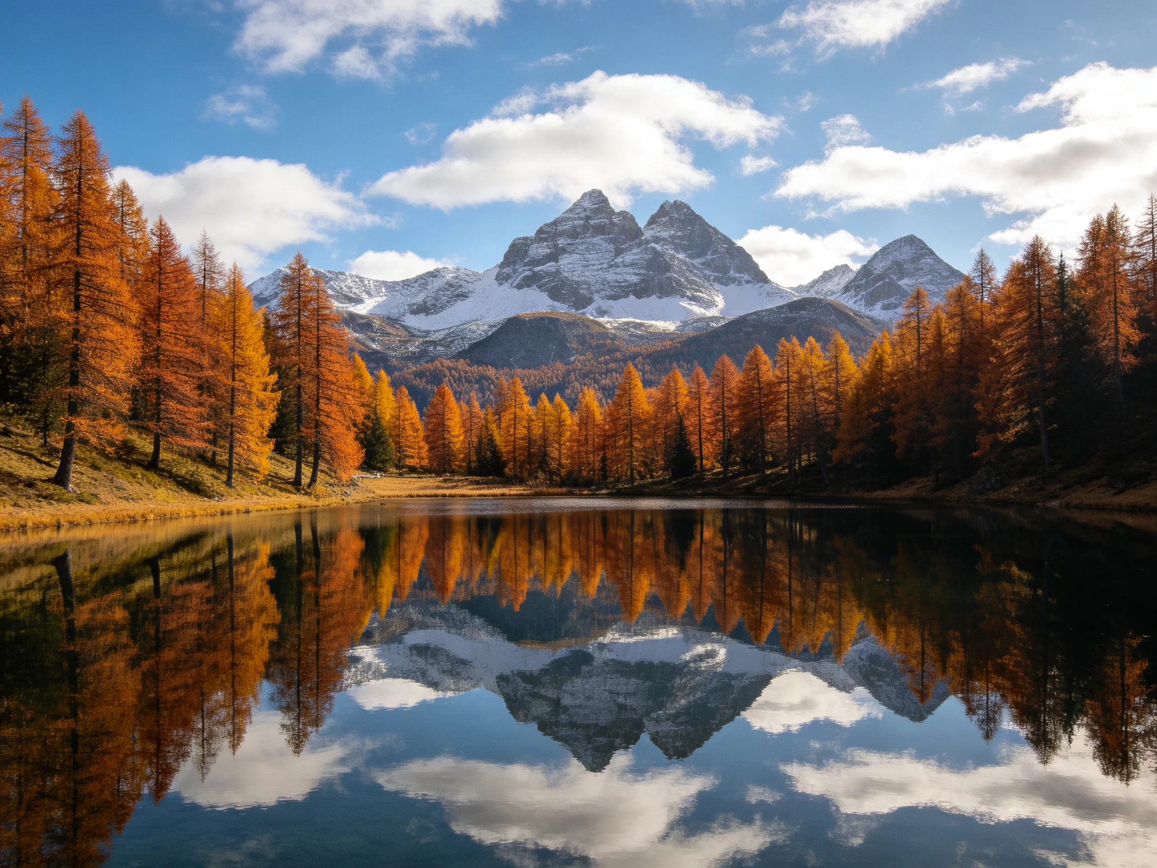 Autumn larch forest reflects in a mountain lake