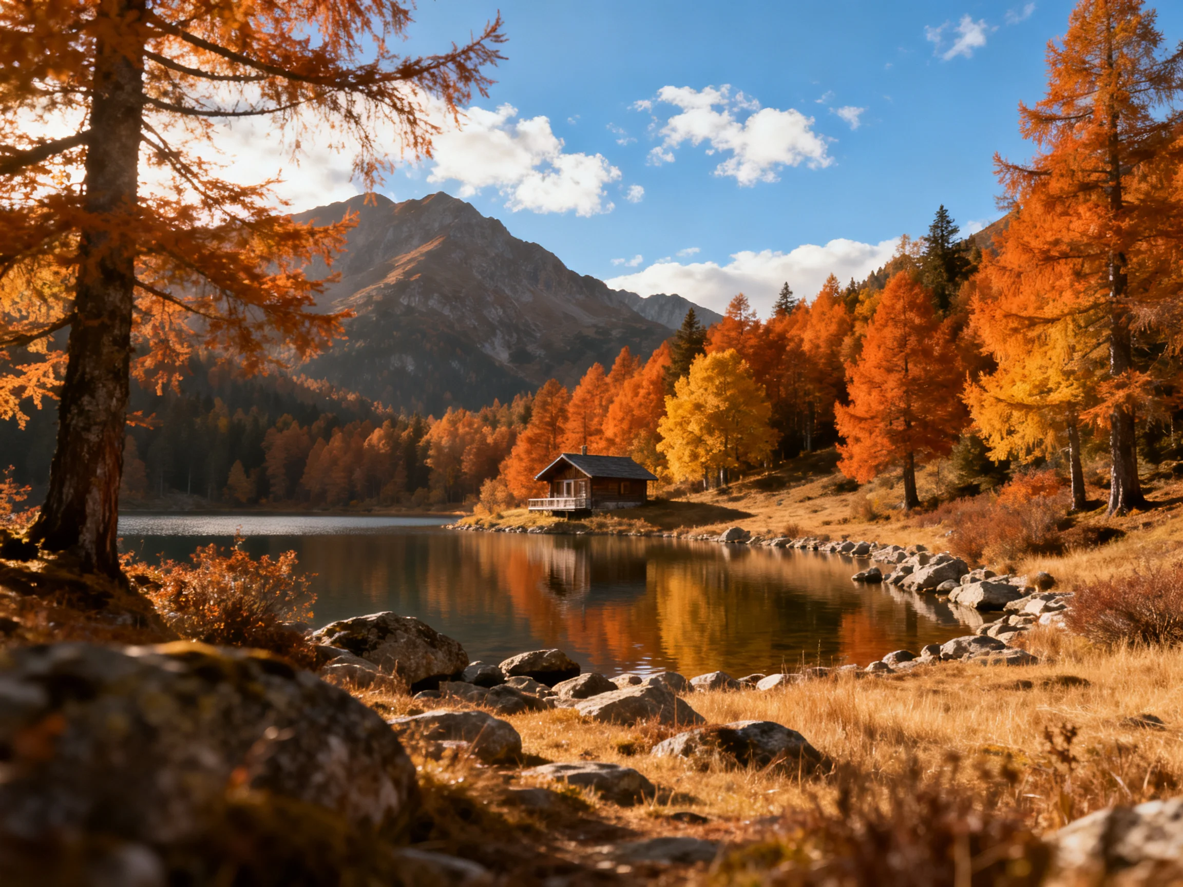 Autumnal forest scene with vibrant orange trees, calm lake, wooden cabin, mountain backdrop