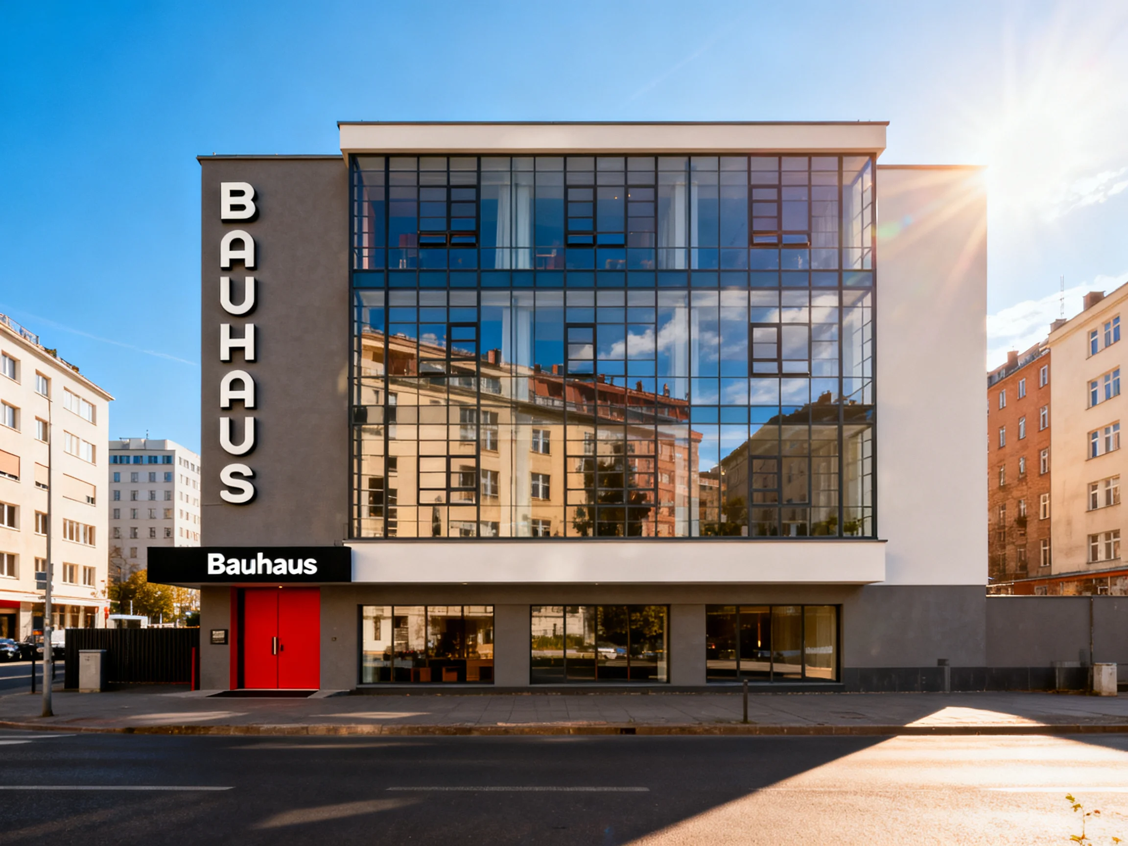 Bauhaus Museum with Red Door and Large Glass Facade