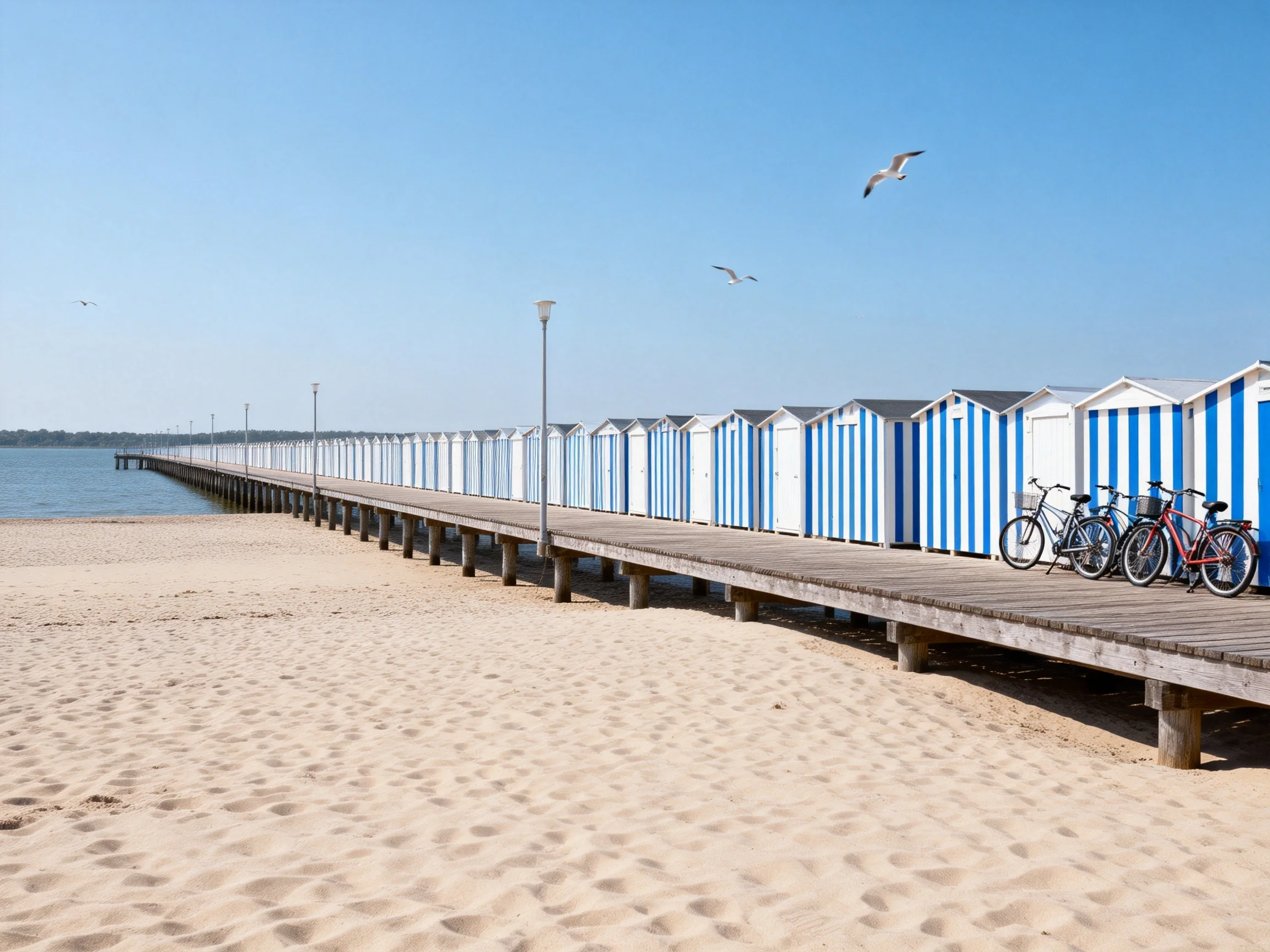 Beach huts sit along a wooden pier on a sandy beach