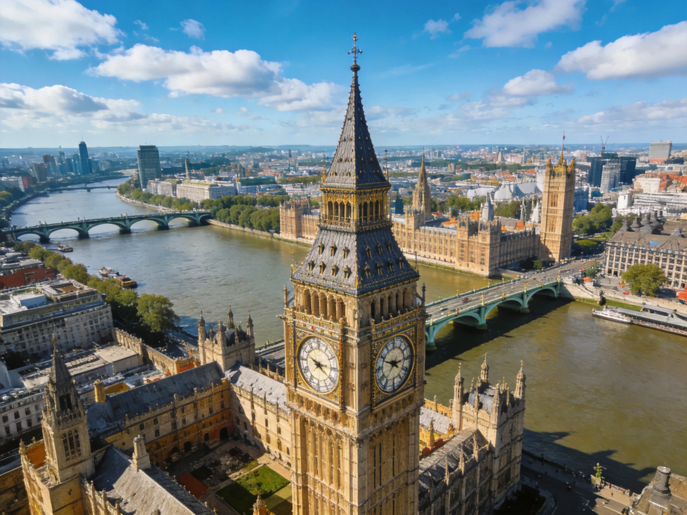Big Ben Clock Tower Dominates London Skyline with River and Bridges