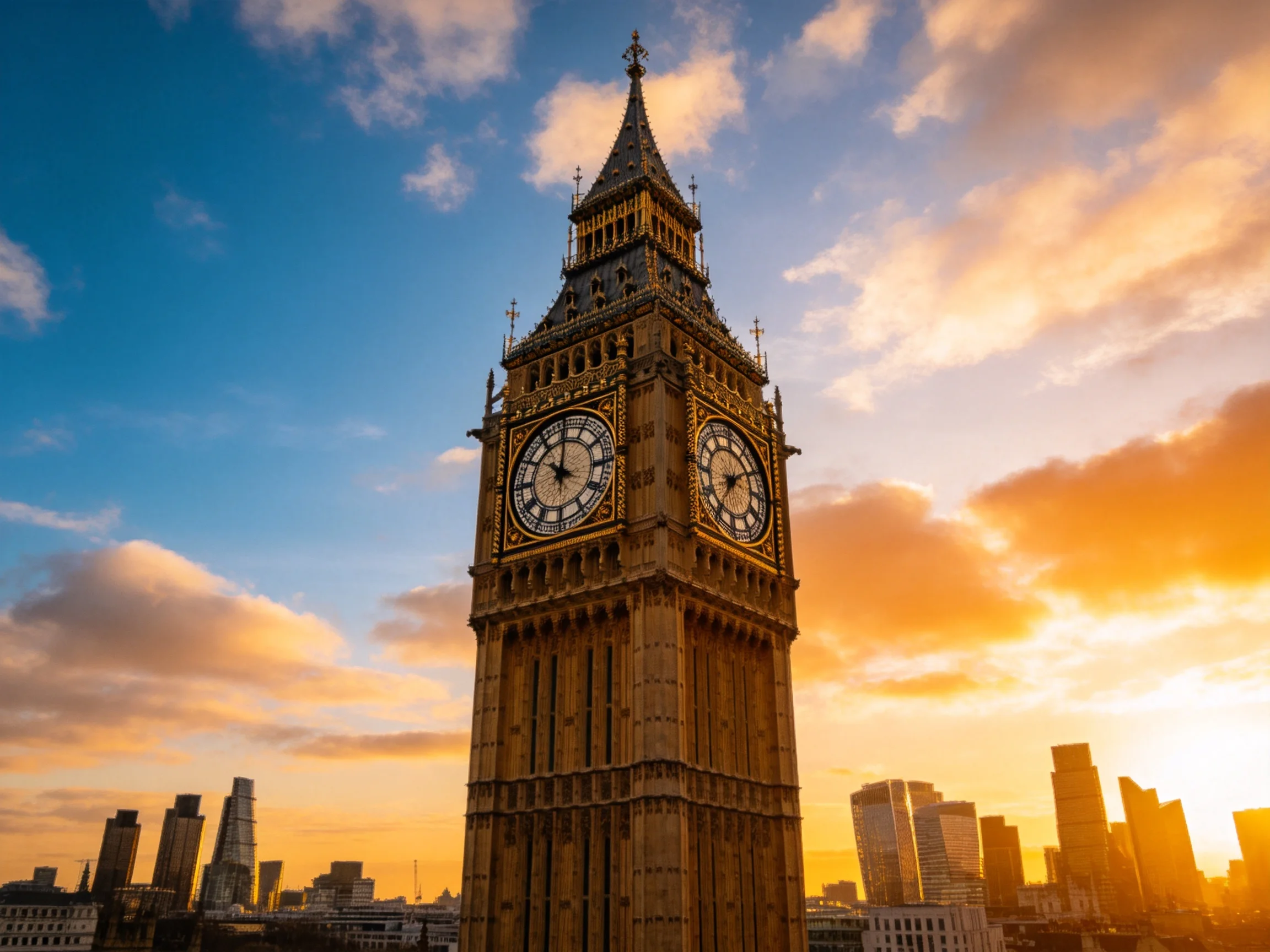 Big Ben Clock Tower Illuminated by Golden Sunset Sky