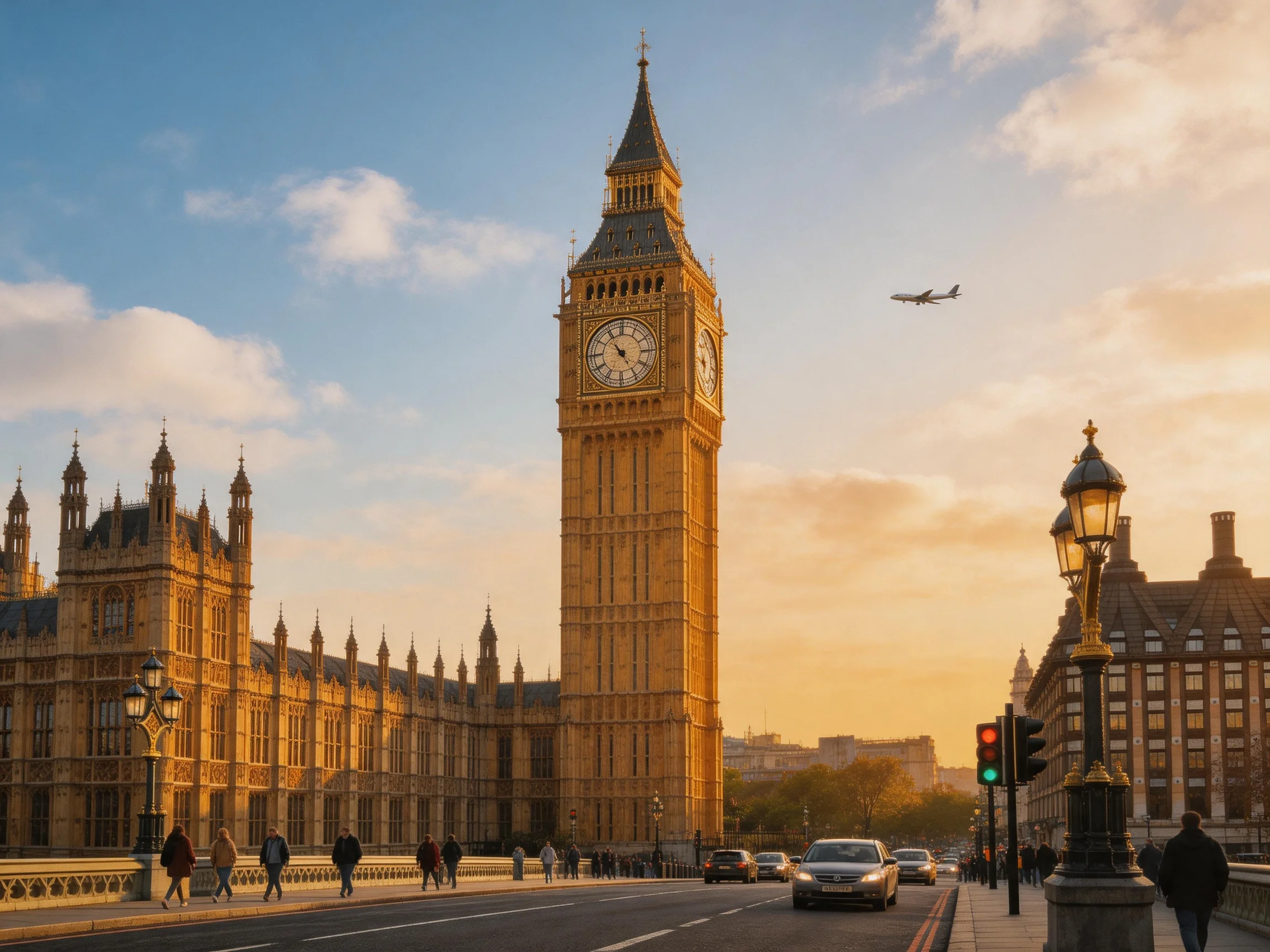 Big Ben Clock Tower and Historic Buildings Under Sunset Glow