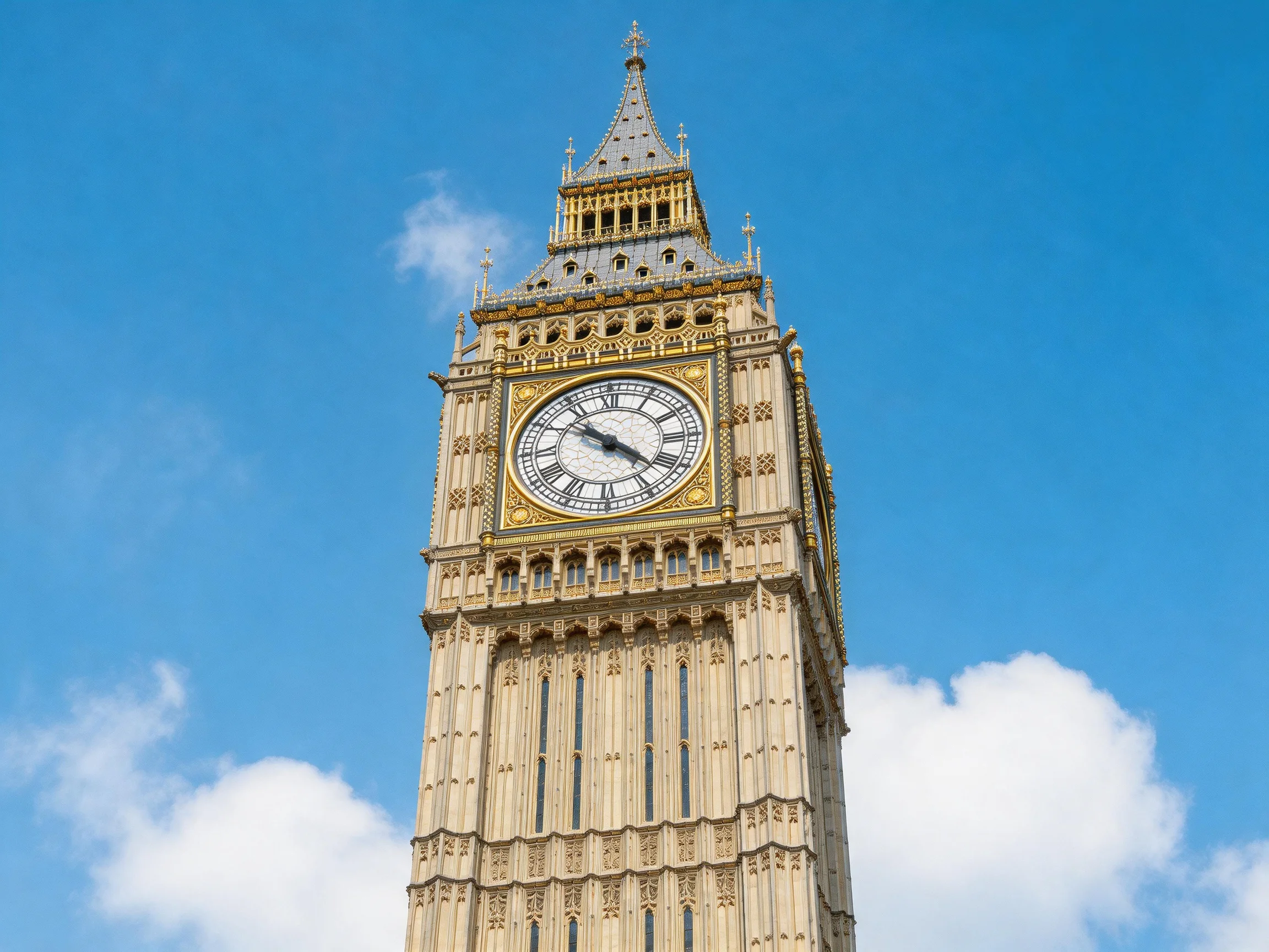 Big Ben Clock Tower with Ornate Design Under Clear Blue Sky