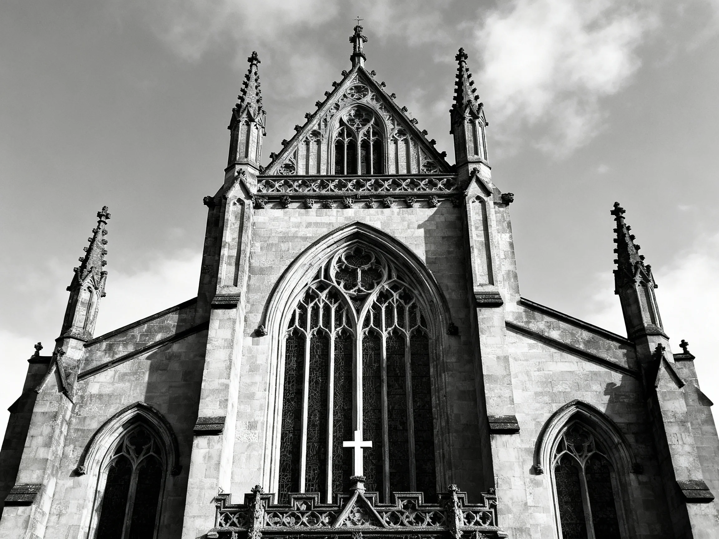Black and White Gothic Church Facade with Central Arched Window