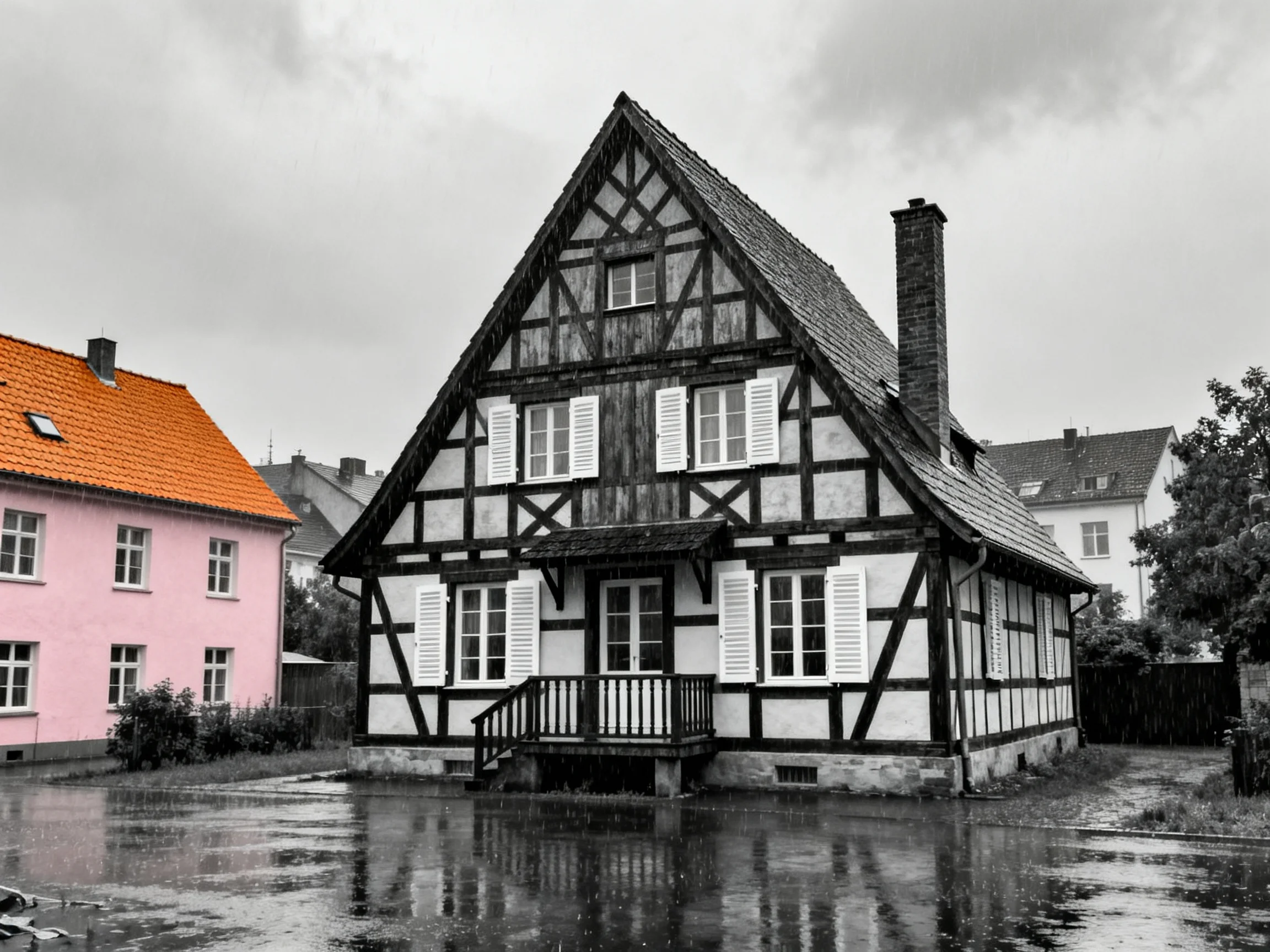 Black - and - White Half - Timpered House with Pink Adjacent Building