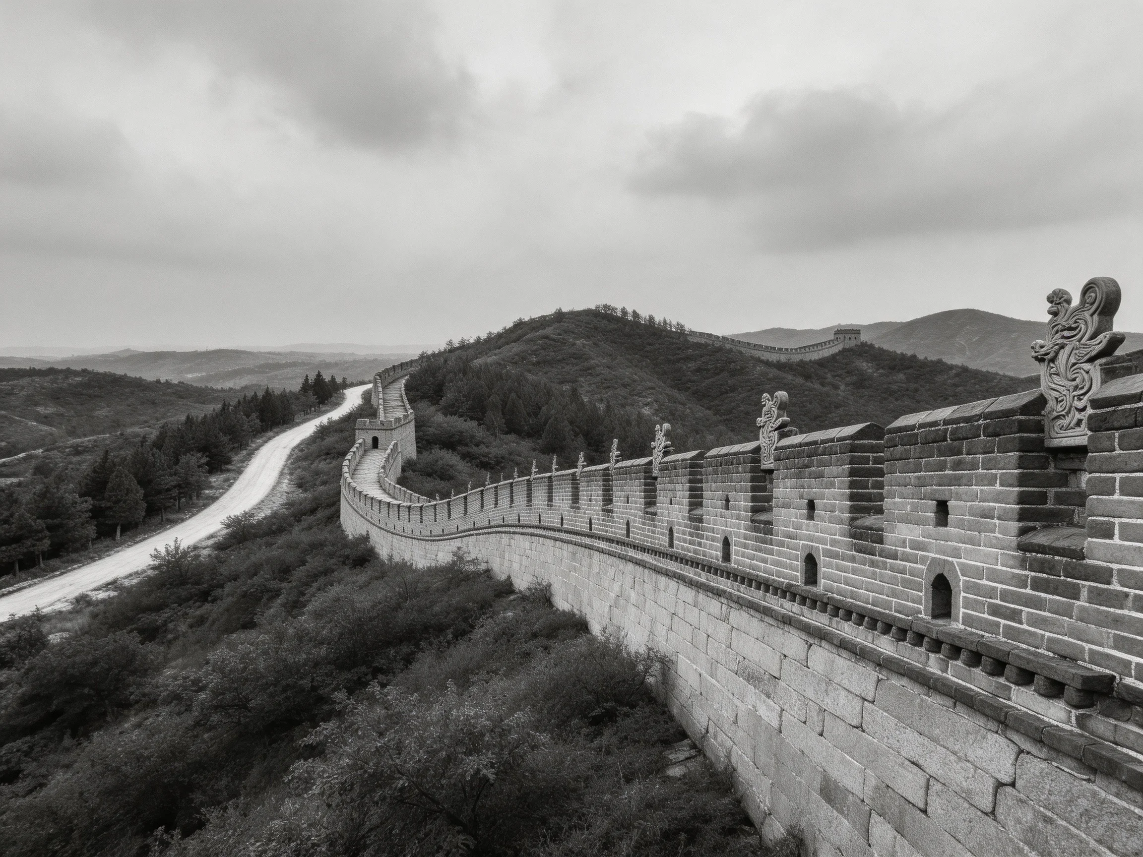 Black-and-white Great Wall winding through forested mountainous terrain