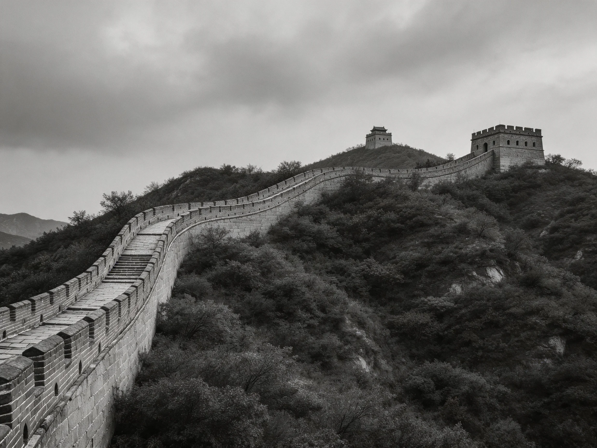 Black-and-white Great Wall winding through mountainous terrain with watchtowers