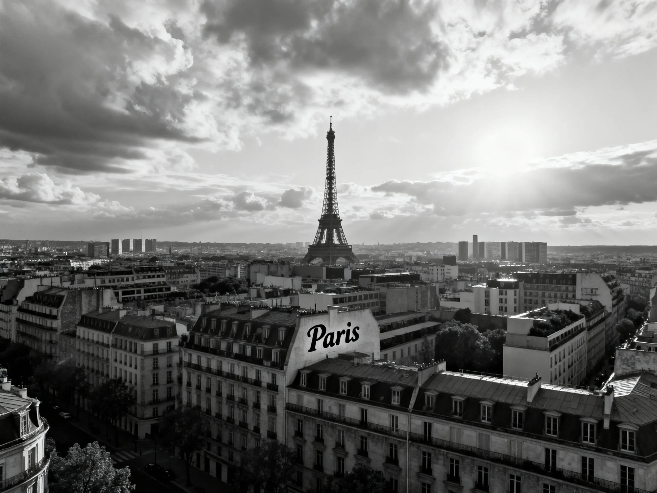 Black-and-white Paris skyline with iconic Eiffel Tower view