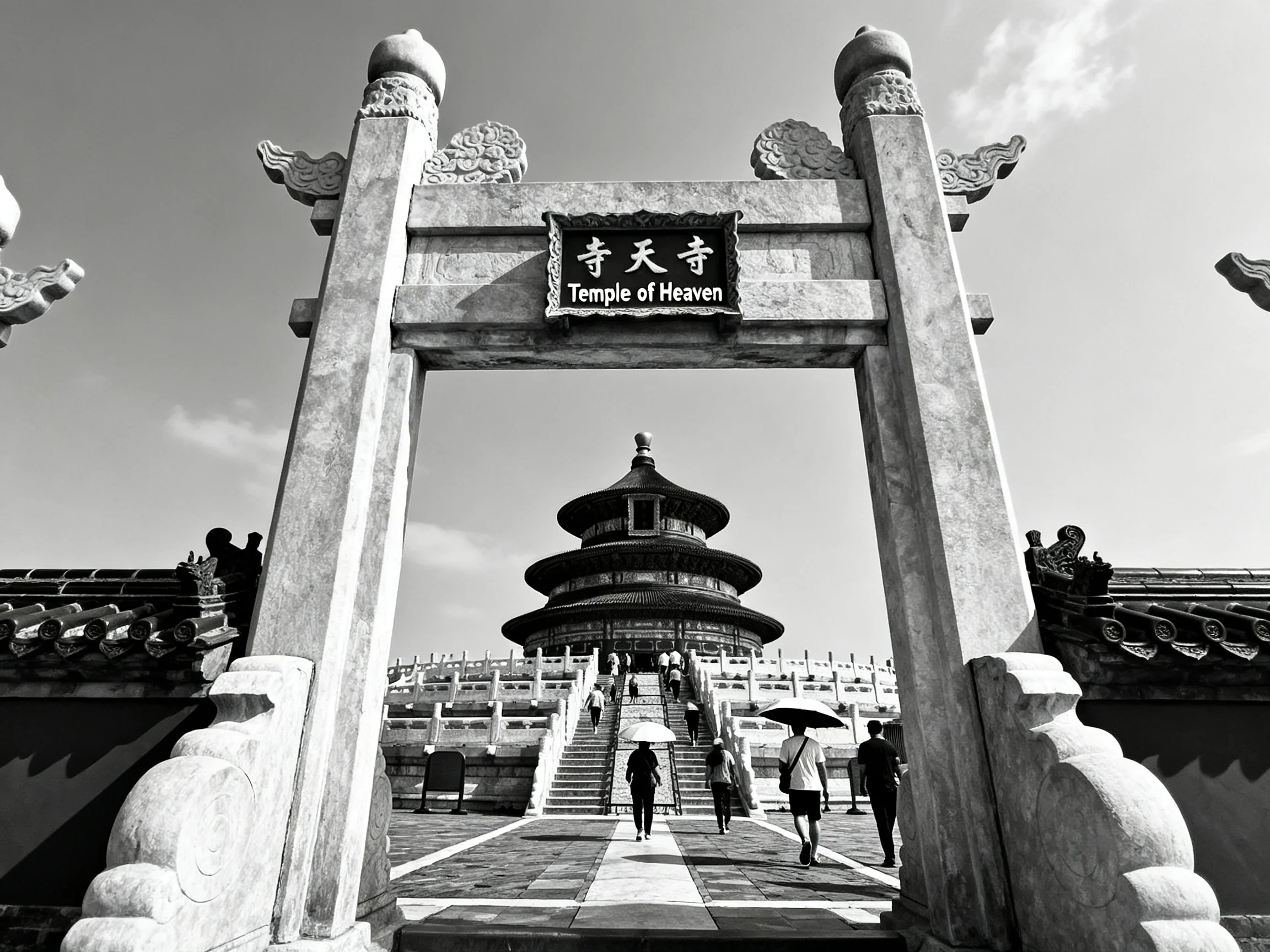 Black-and-white View of Temple of Heaven Through Ornate Stone Arch